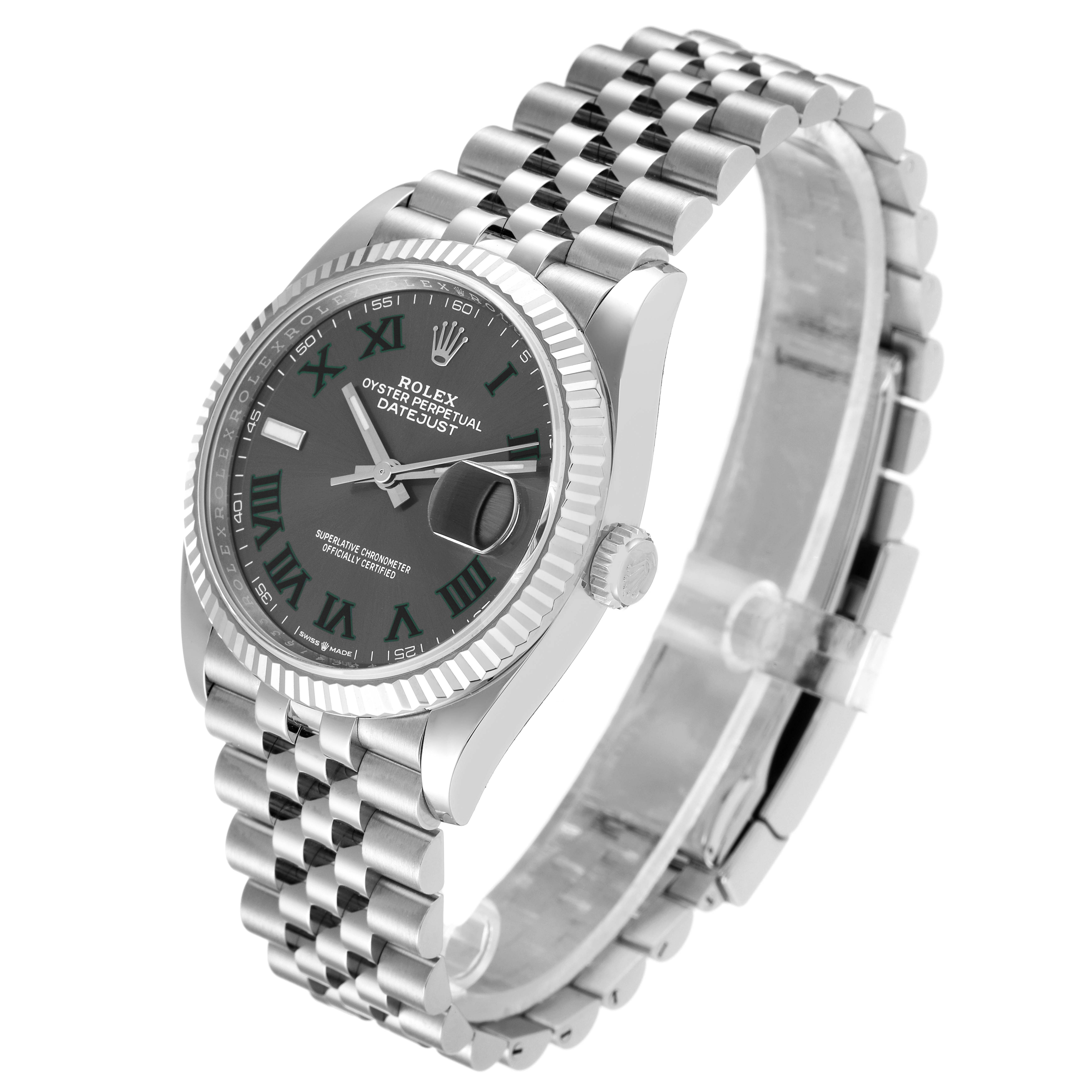 The image shows a Rolex Datejust 126234 Men's Stainless Steel Grey Dial 126234 Men's Stainless Steel Grey Dial watch from a front angle, highlighting its bracelet, bezel, and dial with date magnifier.