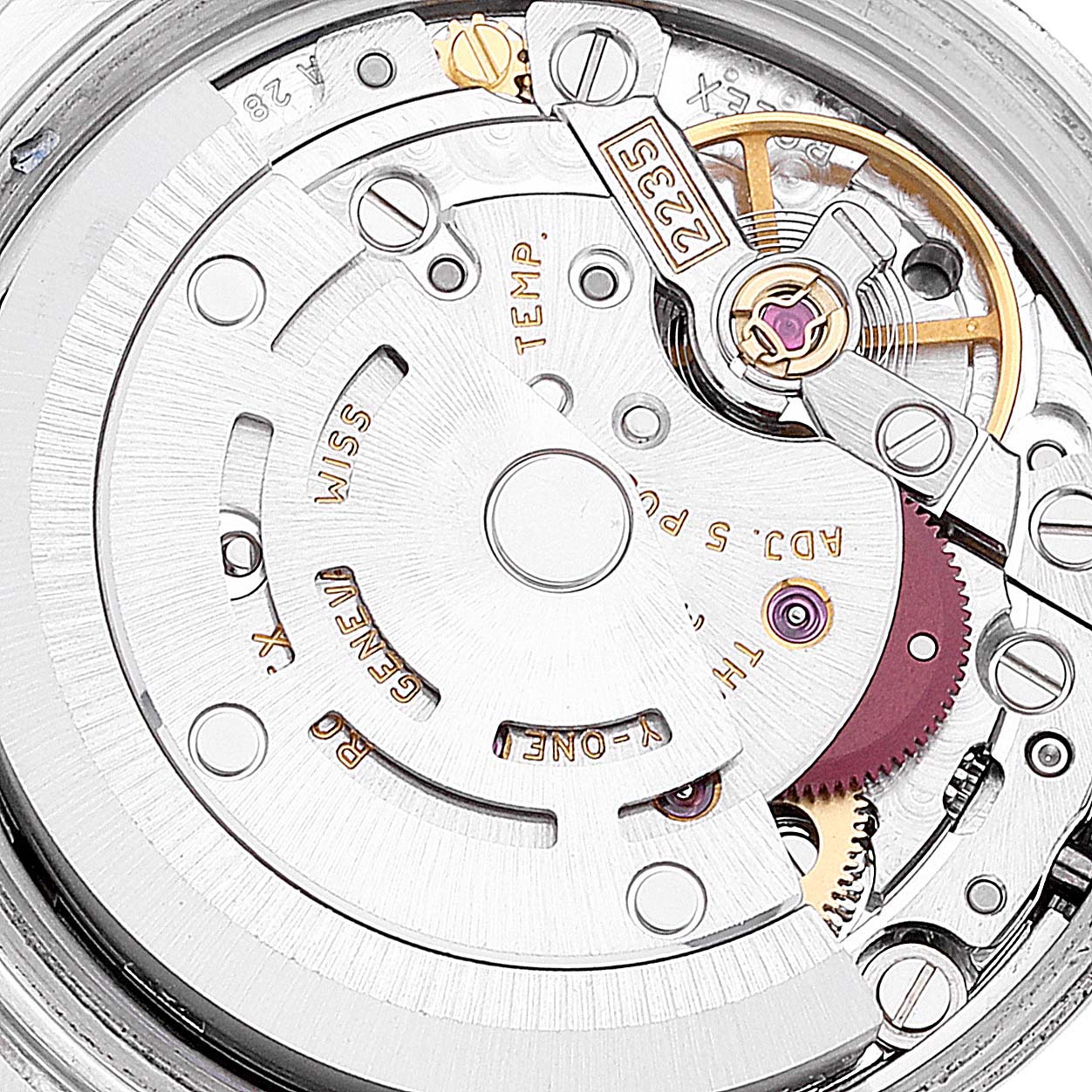 This is the inner movement mechanism of a Rolex Datejust 179173 Women's Steel and Gold (two tone) Champagne Dial 179173 Women's Steel and Gold (two tone) Champagne Dial watch shown in a close-up view.