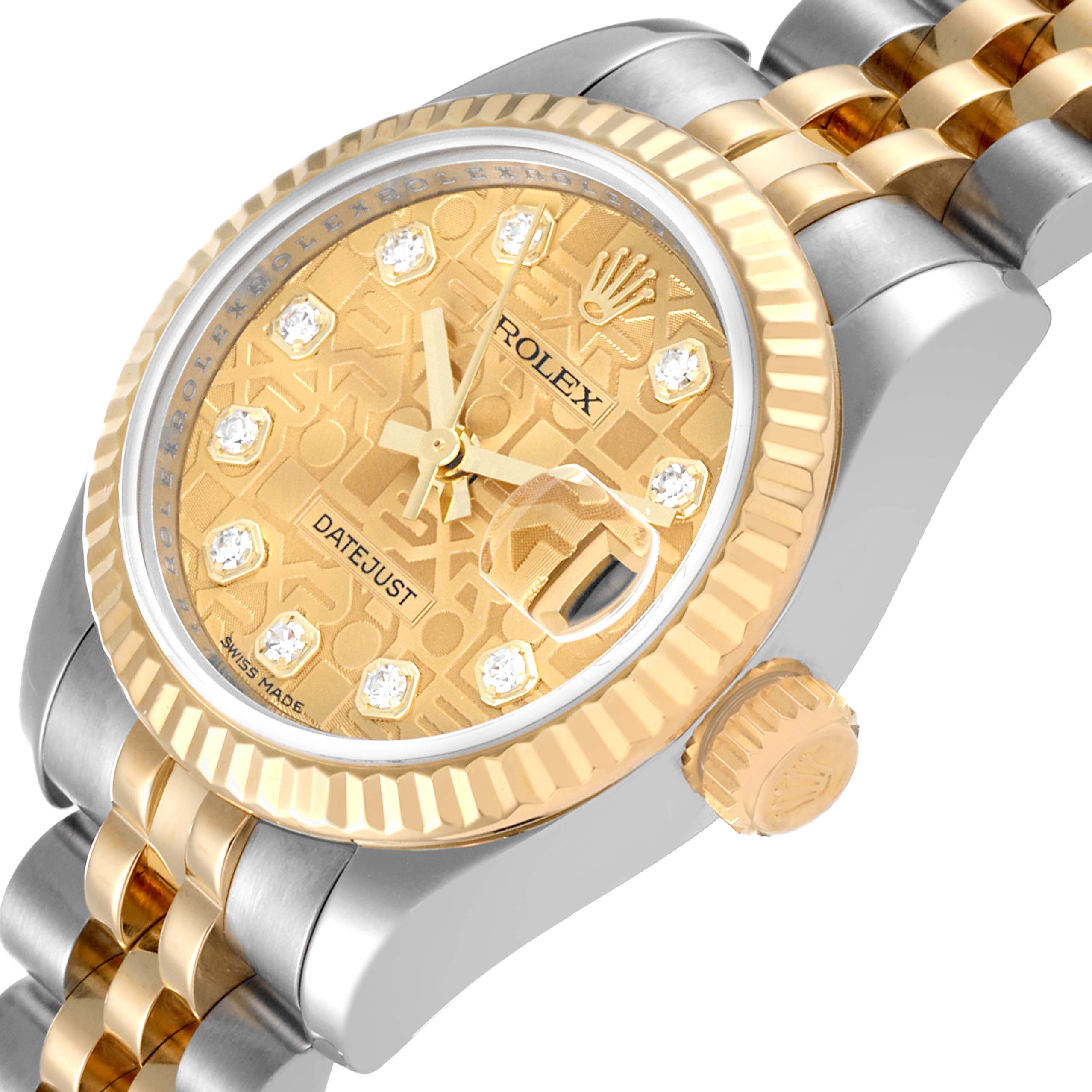The image shows a close-up of the Rolex Datejust 179173 Women's Steel and Gold (two tone) Champagne Dial 179173 Women's Steel and Gold (two tone) Champagne Dial watch, highlighting the dial, bezel, crown, and part of the bracelet.