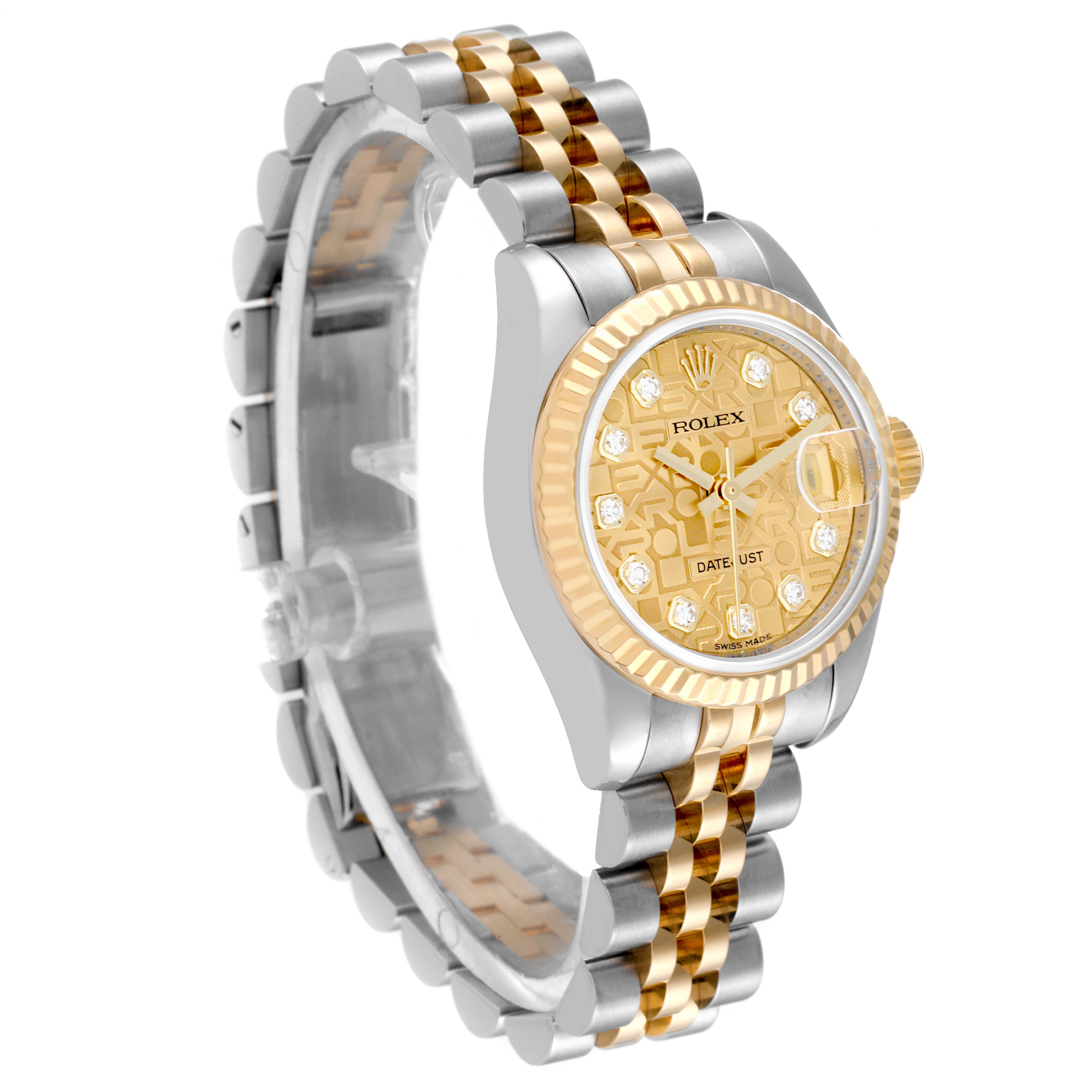 This image shows a side angle view of a Rolex Datejust 179173 Women's Steel and Gold (two tone) Champagne Dial 179173 Women's Steel and Gold (two tone) Champagne Dial watch, highlighting its gold and silver jubilee bracelet and detailed dial.