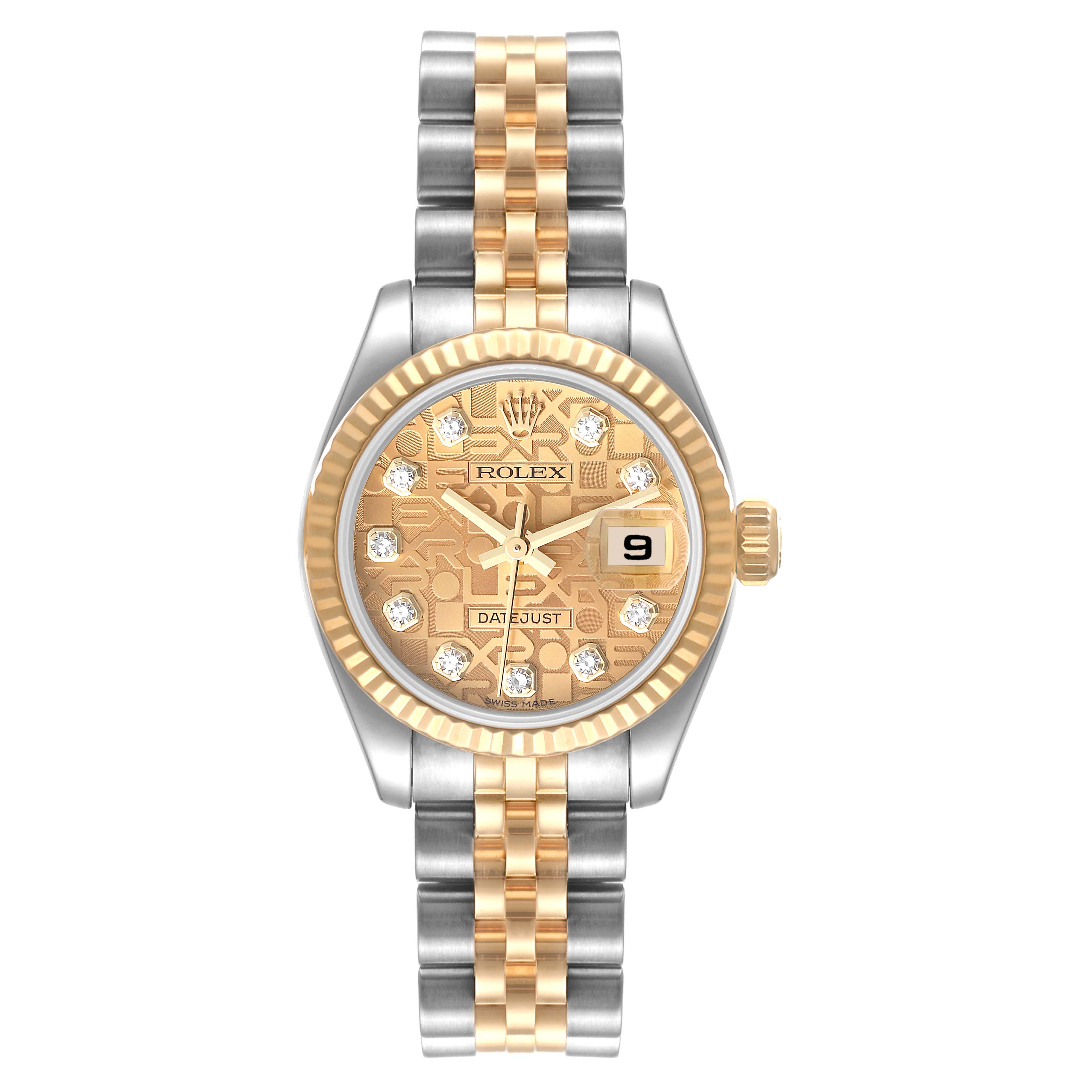 The image shows the Rolex Datejust 179173 Women's Steel and Gold (two tone) Champagne Dial 179173 Women's Steel and Gold (two tone) Champagne Dial model watch from a front angle, featuring a two-tone band and a date display.