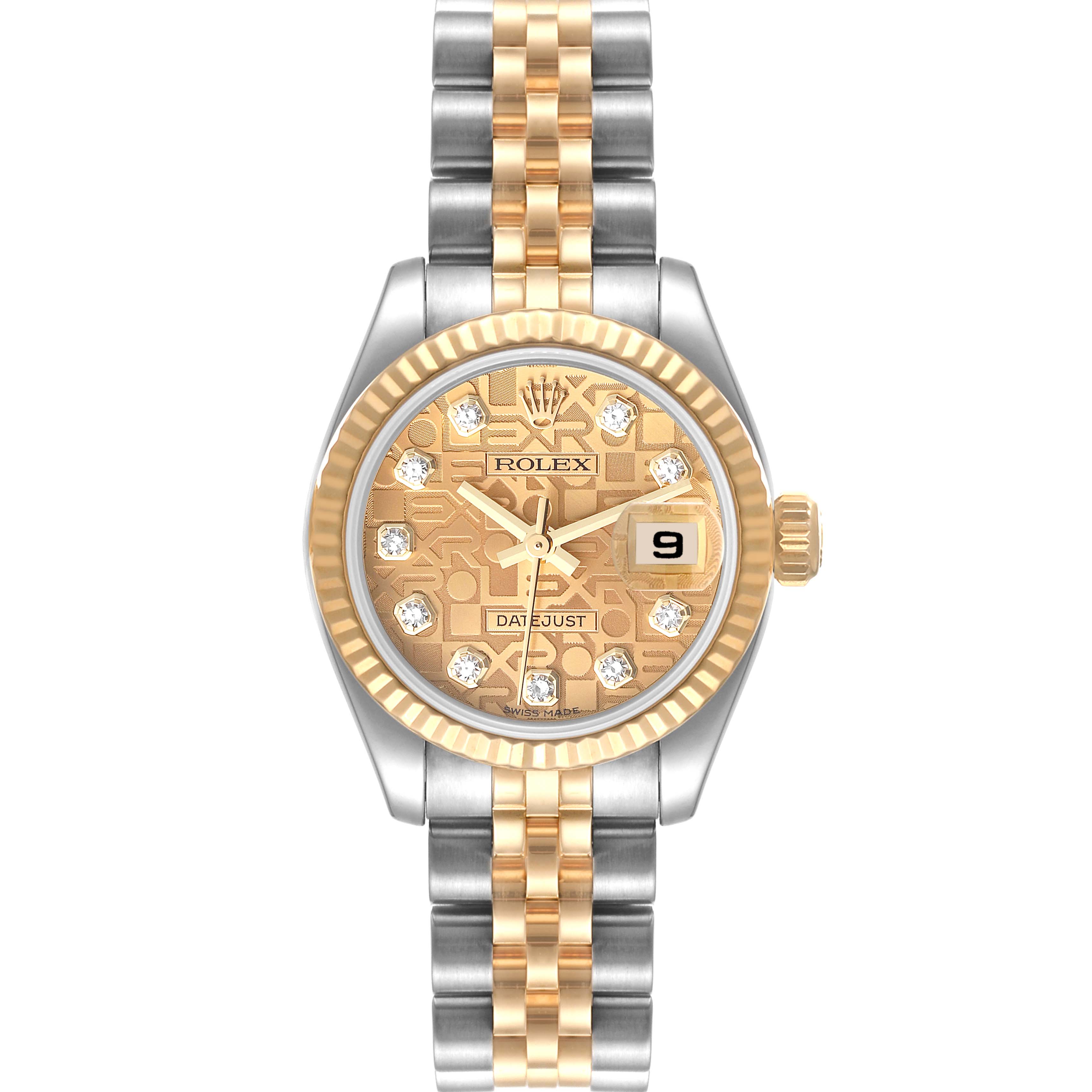 This image shows a front view of a Rolex Datejust 179173 Women's Steel and Gold (two tone) Champagne Dial 179173 Women's Steel and Gold (two tone) Champagne Dial wristwatch with a two-tone metal bracelet and a gold dial with diamond indices.