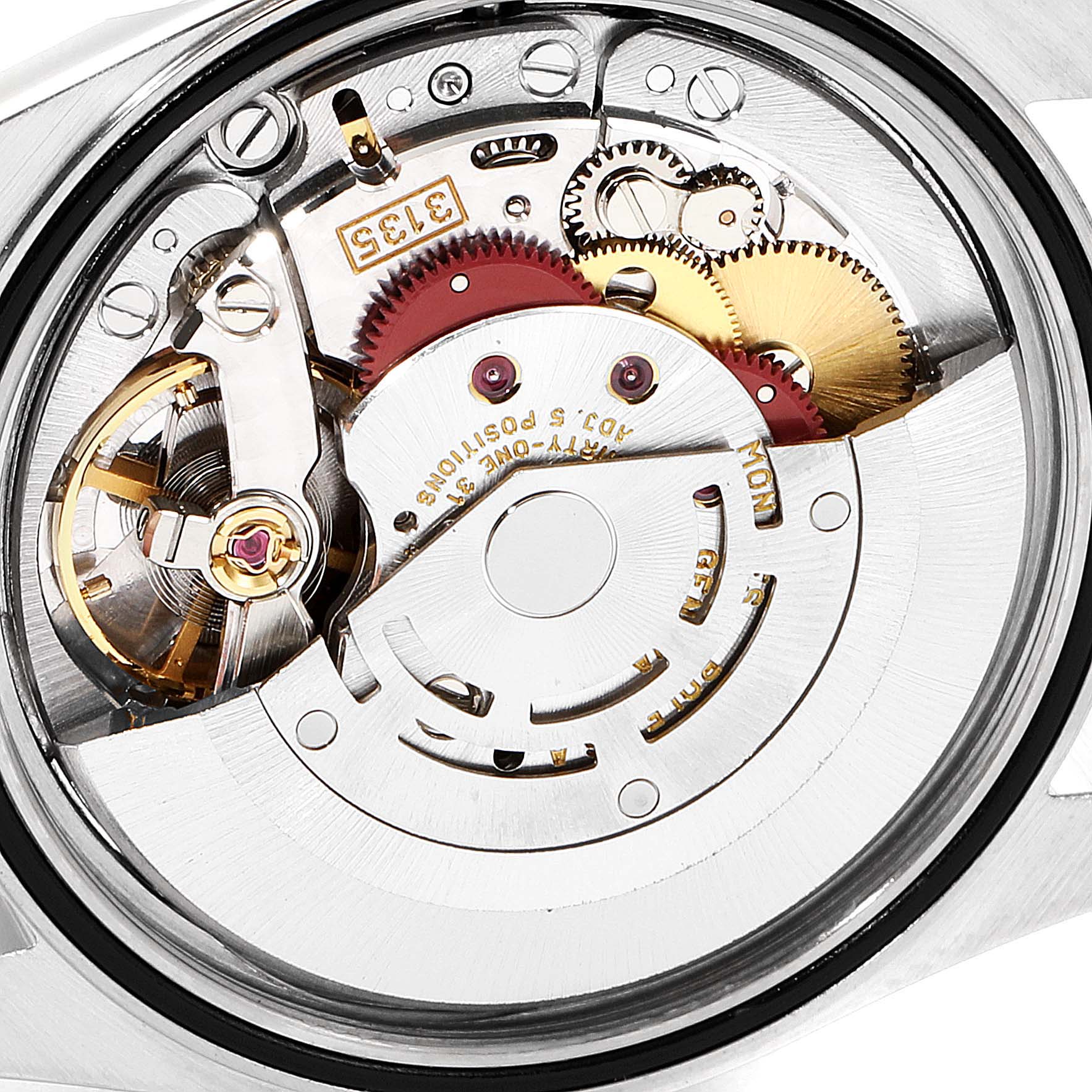 This image shows the intricate movement of a Rolex Datejust 16233 Men's Steel and Gold (two tone) Black Dial 16233 Men's Steel and Gold (two tone) Black Dial watch from a back angle, revealing its mechanical components.