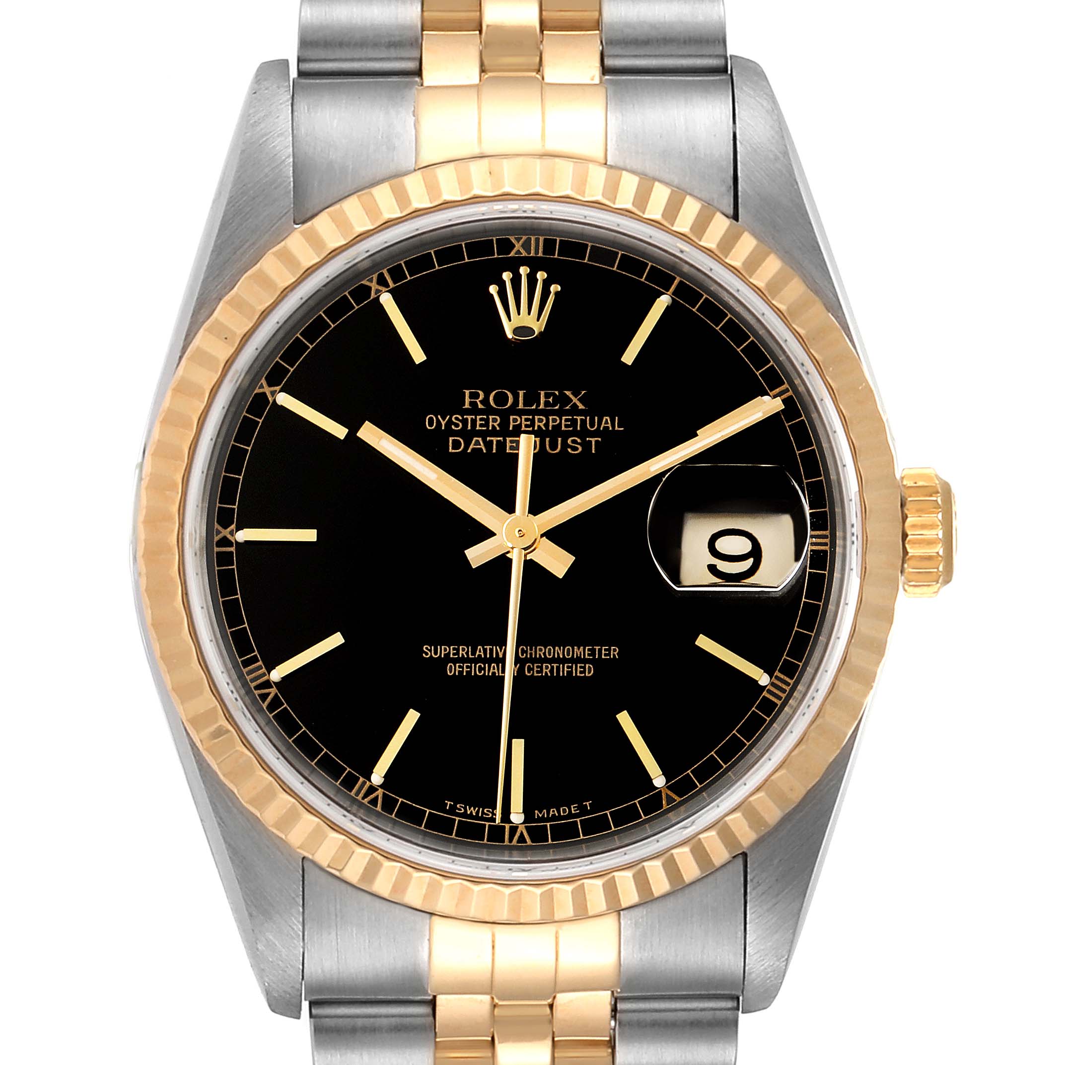 The image shows a frontal view of the Rolex Datejust 16233 Men's Steel and Gold (two tone) Black Dial 16233 Men's Steel and Gold (two tone) Black Dial watch, displaying its black dial, fluted bezel, date window, and two-tone bracelet.