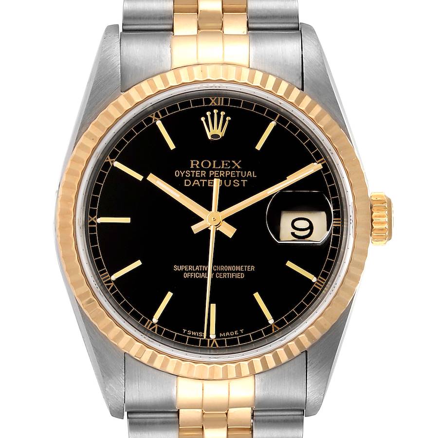 Rolex Datejust Steel Yellow Gold Black Dial Mens Watch 16233 SwissWatchExpo