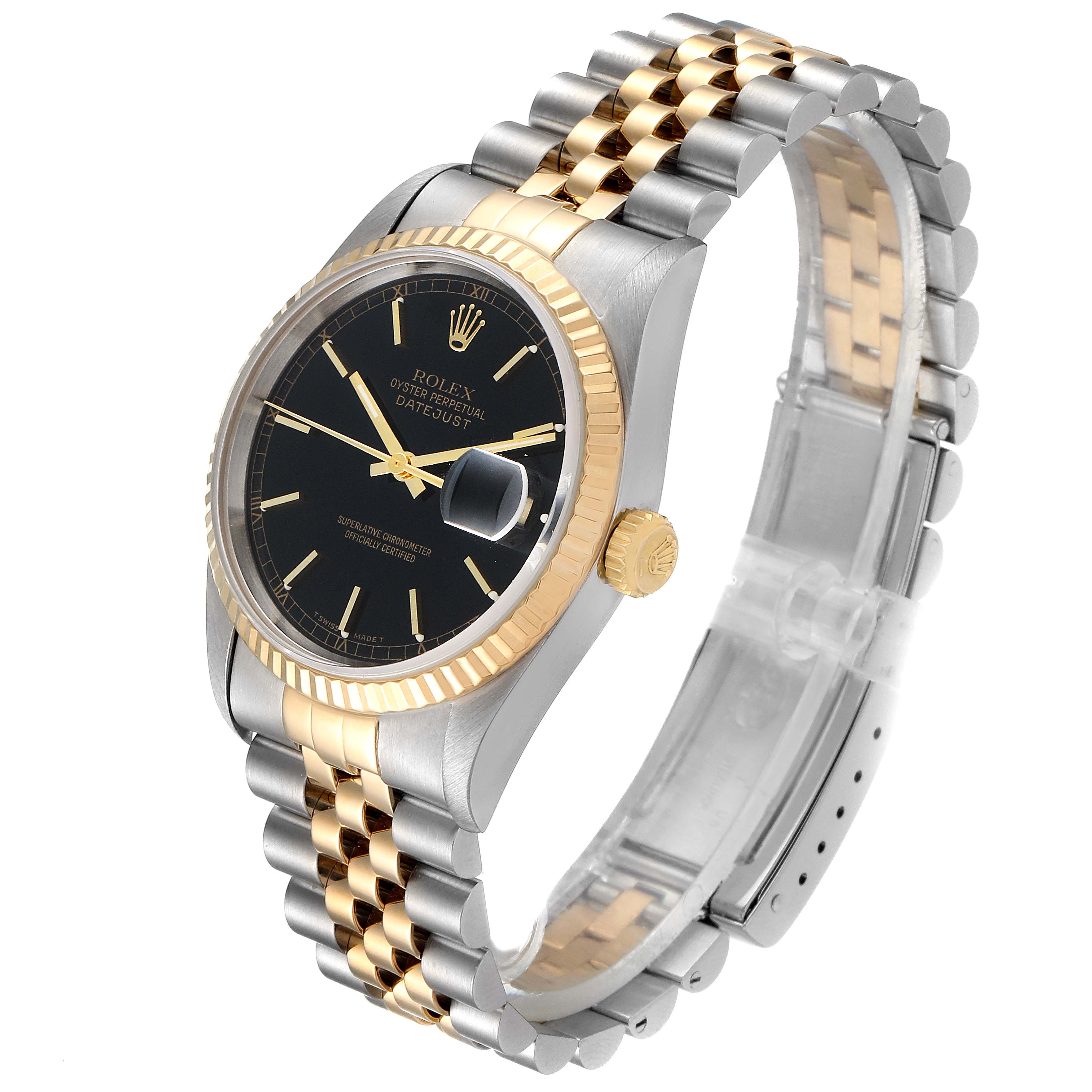 The Rolex Datejust 16233 Men's Steel and Gold (two tone) Black Dial 16233 Men's Steel and Gold (two tone) Black Dial watch is shown at an angle highlighting the face, bezel, crown, and two-tone bracelet.