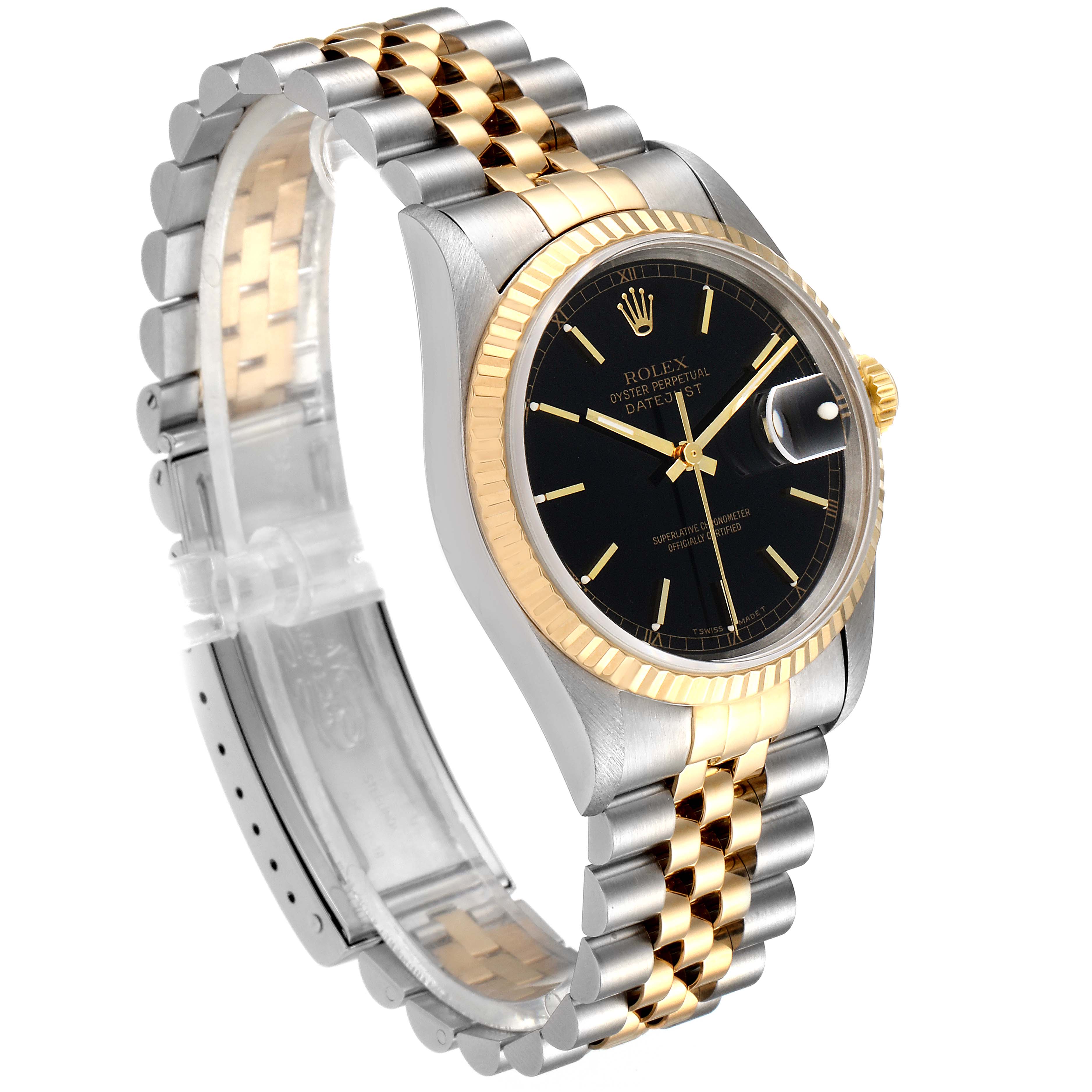 The Rolex Datejust 16233 Men's Steel and Gold (two tone) Black Dial 16233 Men's Steel and Gold (two tone) Black Dial watch is shown at a three-quarter angle, highlighting its black dial, fluted bezel, and two-tone Jubilee bracelet.