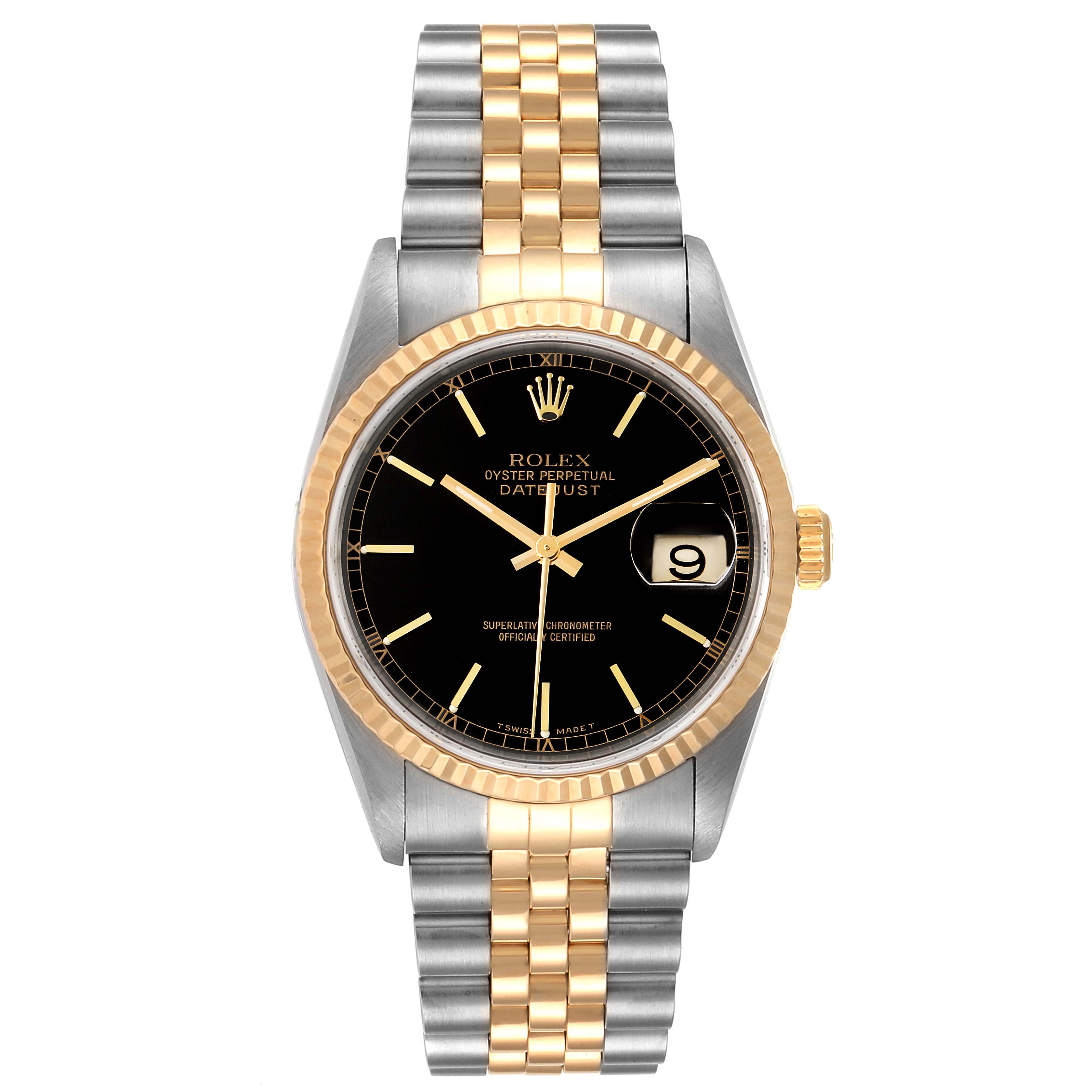 The Rolex Datejust 16233 Men's Steel and Gold (two tone) Black Dial 16233 Men's Steel and Gold (two tone) Black Dial watch is shown from the front, featuring its black dial, gold bezel, two-tone bracelet, and date display.