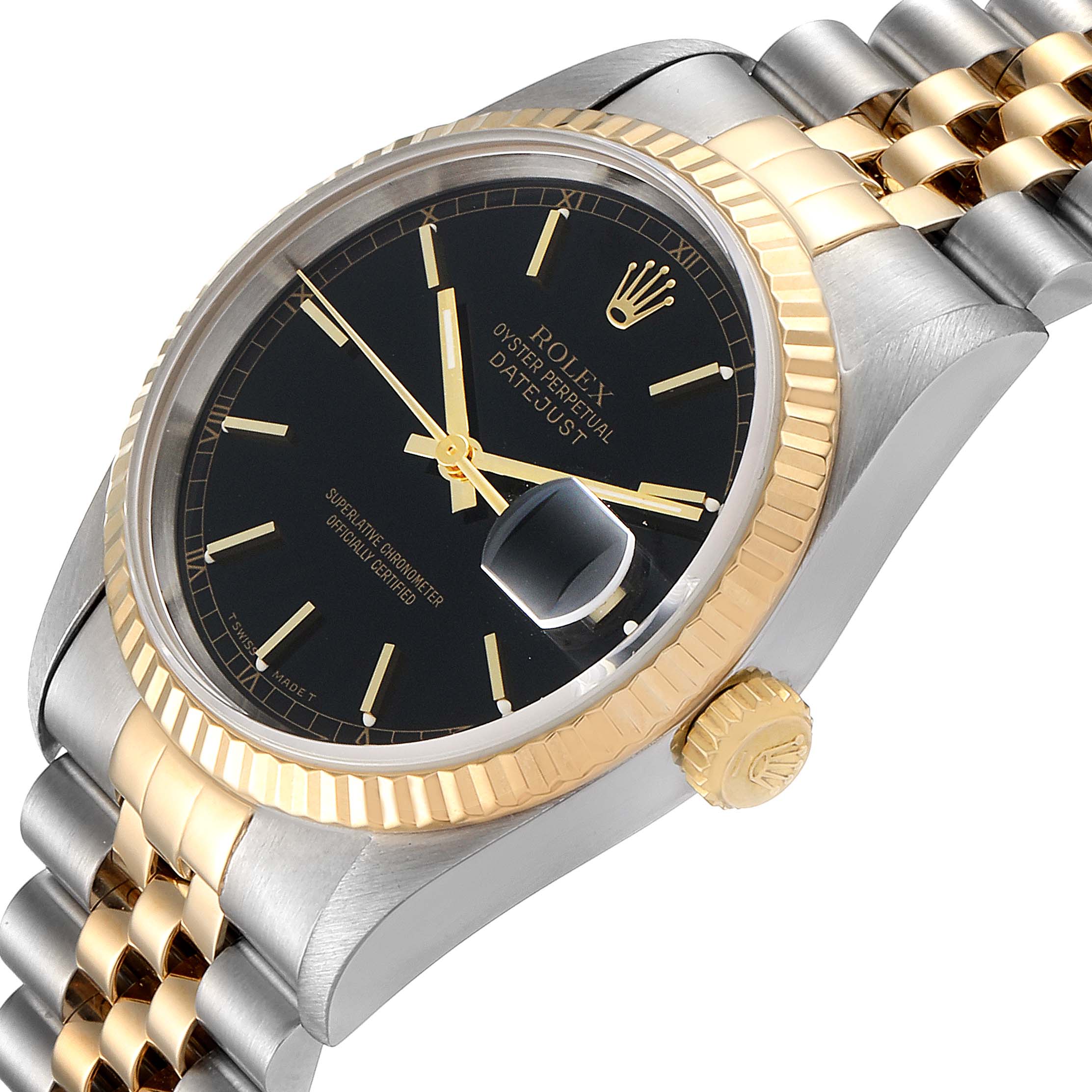This image shows a side angle of the Rolex Datejust 16233 Men's Steel and Gold (two tone) Black Dial 16233 Men's Steel and Gold (two tone) Black Dial watch displaying the face, bezel, crown, and dual-tone bracelet.