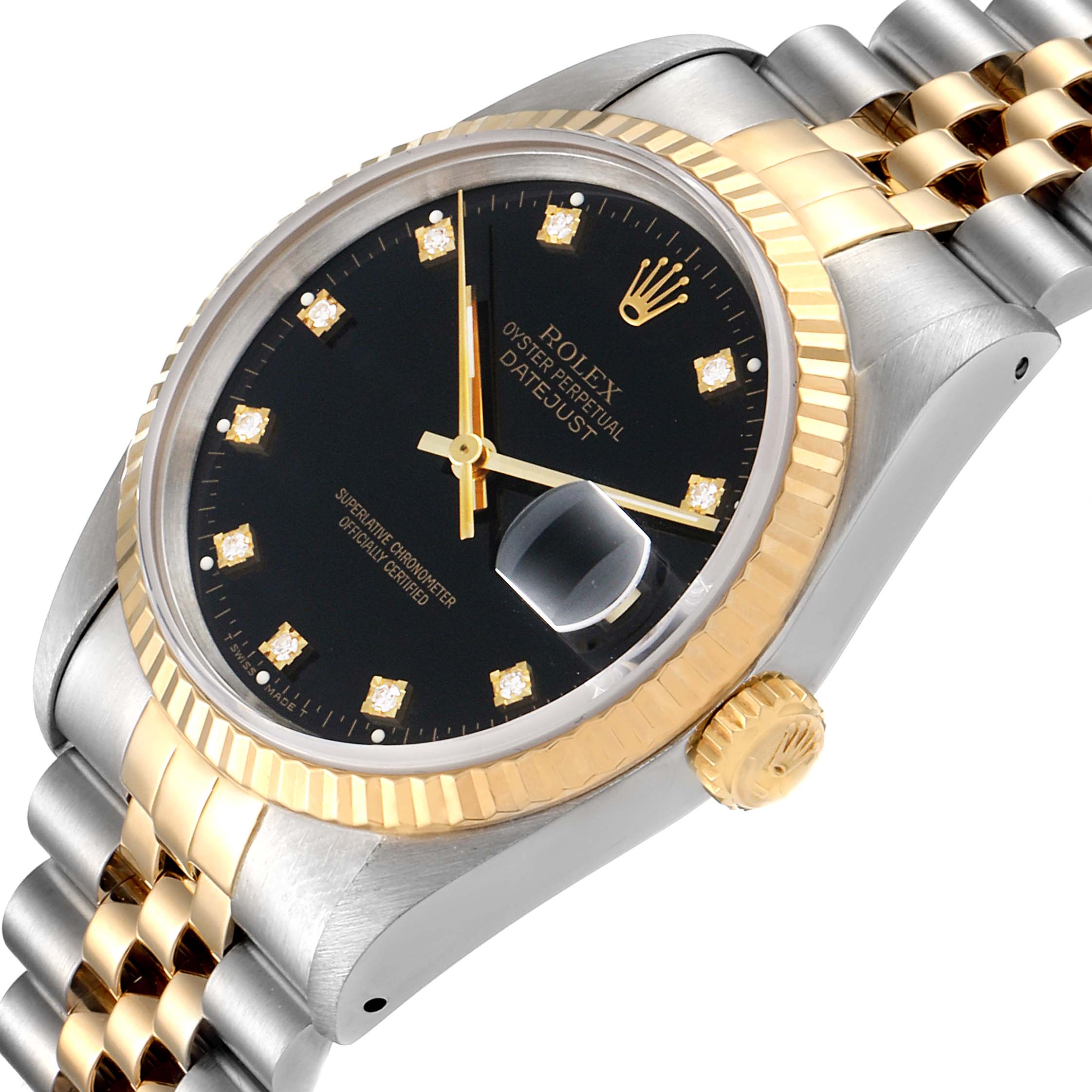 This image shows an angled close-up of a Rolex Datejust 16233 Men's Steel and Gold (two tone) Black Dial 16233 Men's Steel and Gold (two tone) Black Dial watch, highlighting the dial, crown, bezel, and part of the bracelet.