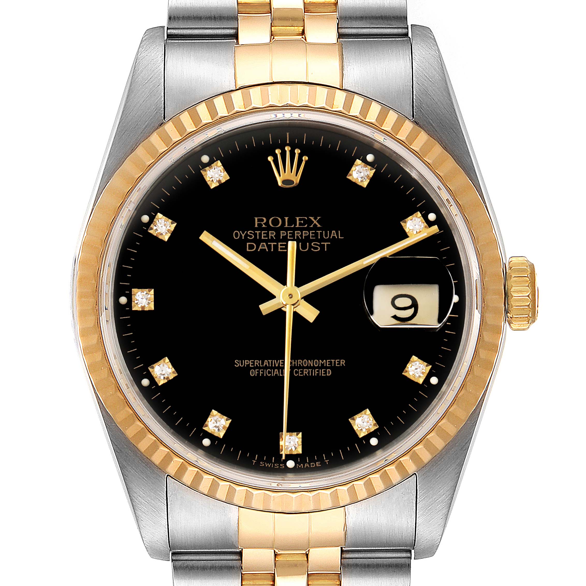 The image shows the dial, bezel, and bracelet of the Rolex Datejust 16233 Men's Steel and Gold (two tone) Black Dial 16233 Men's Steel and Gold (two tone) Black Dial watch, with a clear view of the date window and brand logo.