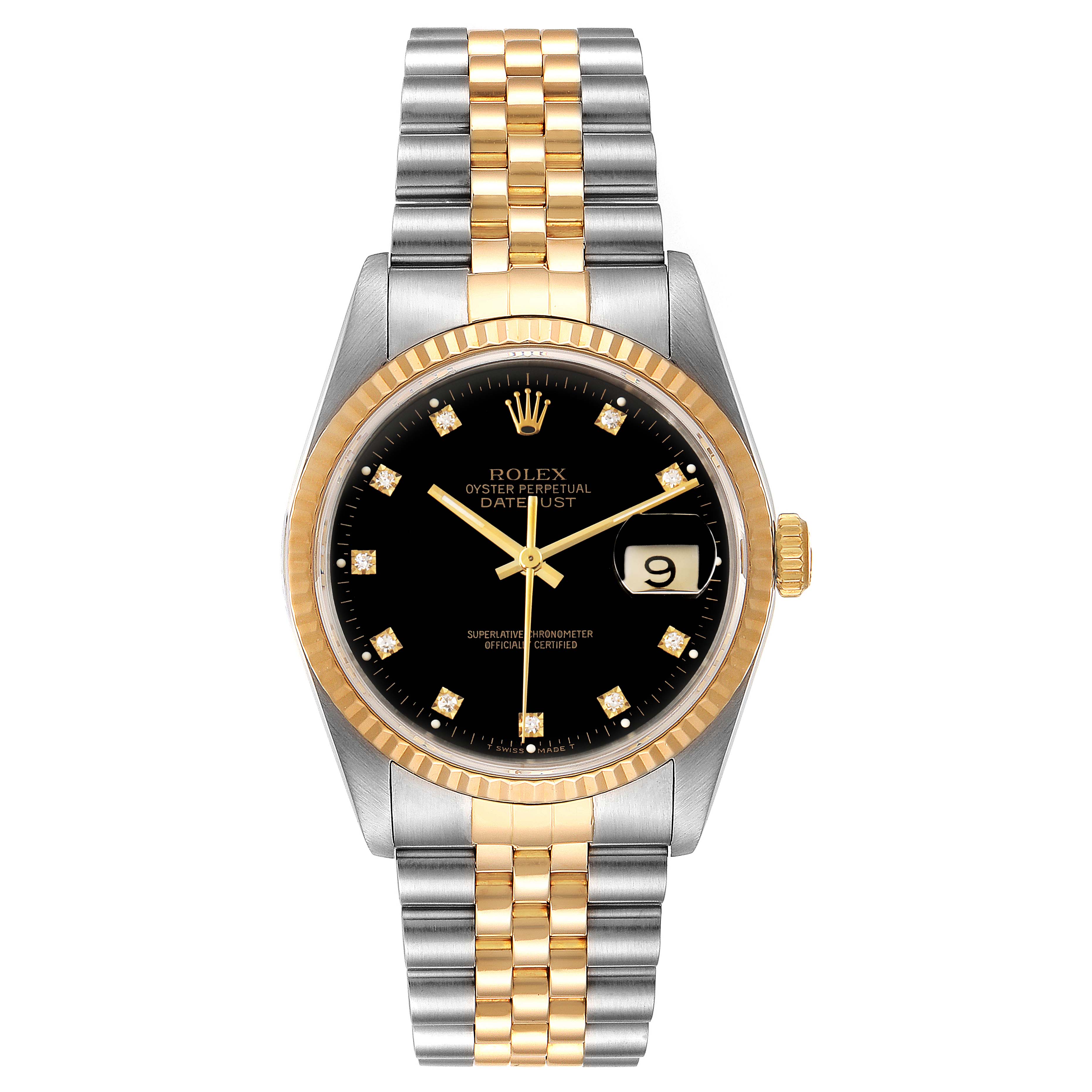 This is a front-facing view of a Rolex Datejust 16233 Men's Steel and Gold (two tone) Black Dial 16233 Men's Steel and Gold (two tone) Black Dial watch, showing the case, dial, bezel, and bracelet.