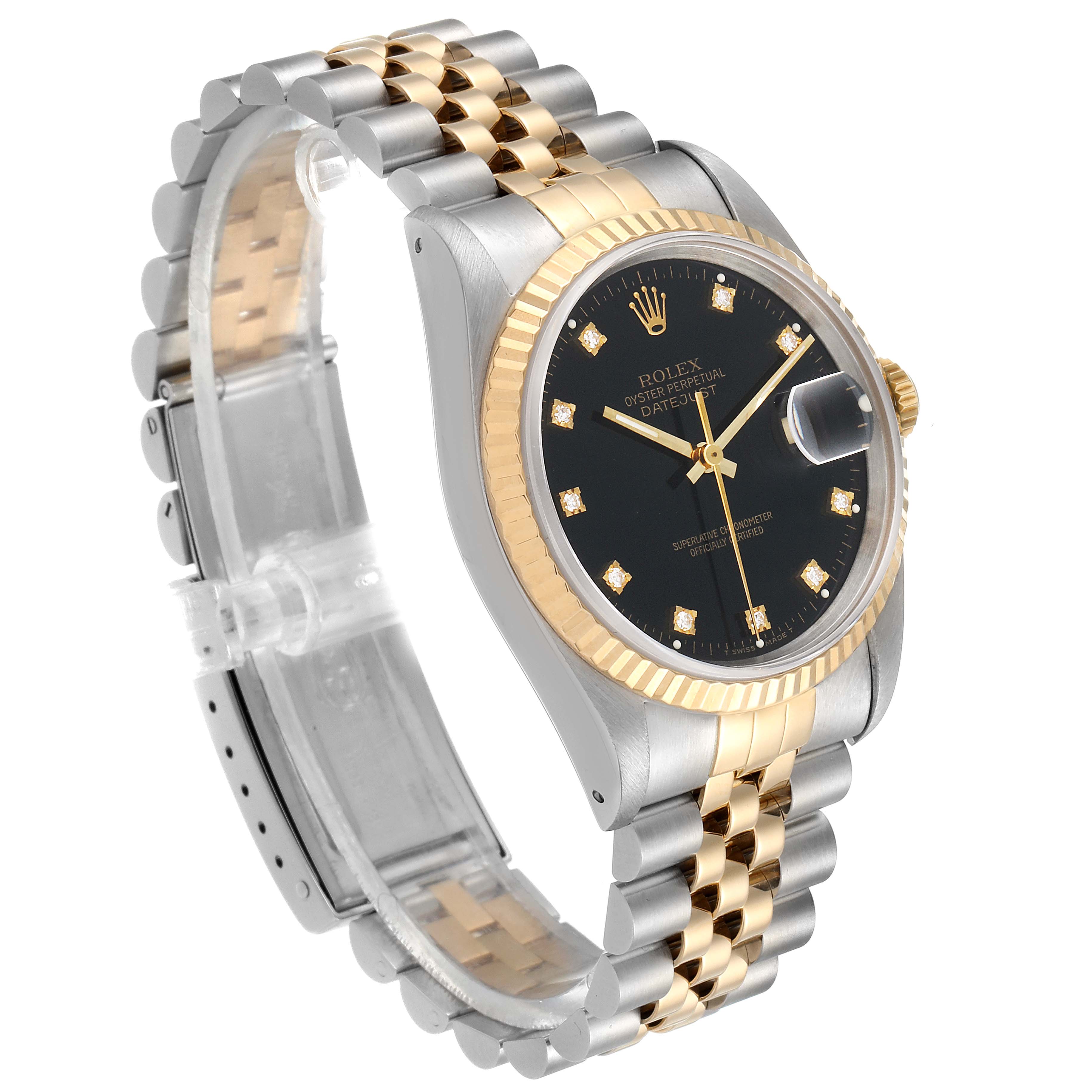The Rolex Datejust 16233 Men's Steel and Gold (two tone) Black Dial 16233 Men's Steel and Gold (two tone) Black Dial watch is shown at a three-quarter angle, displaying its black dial, fluted bezel, and jubilee bracelet.
