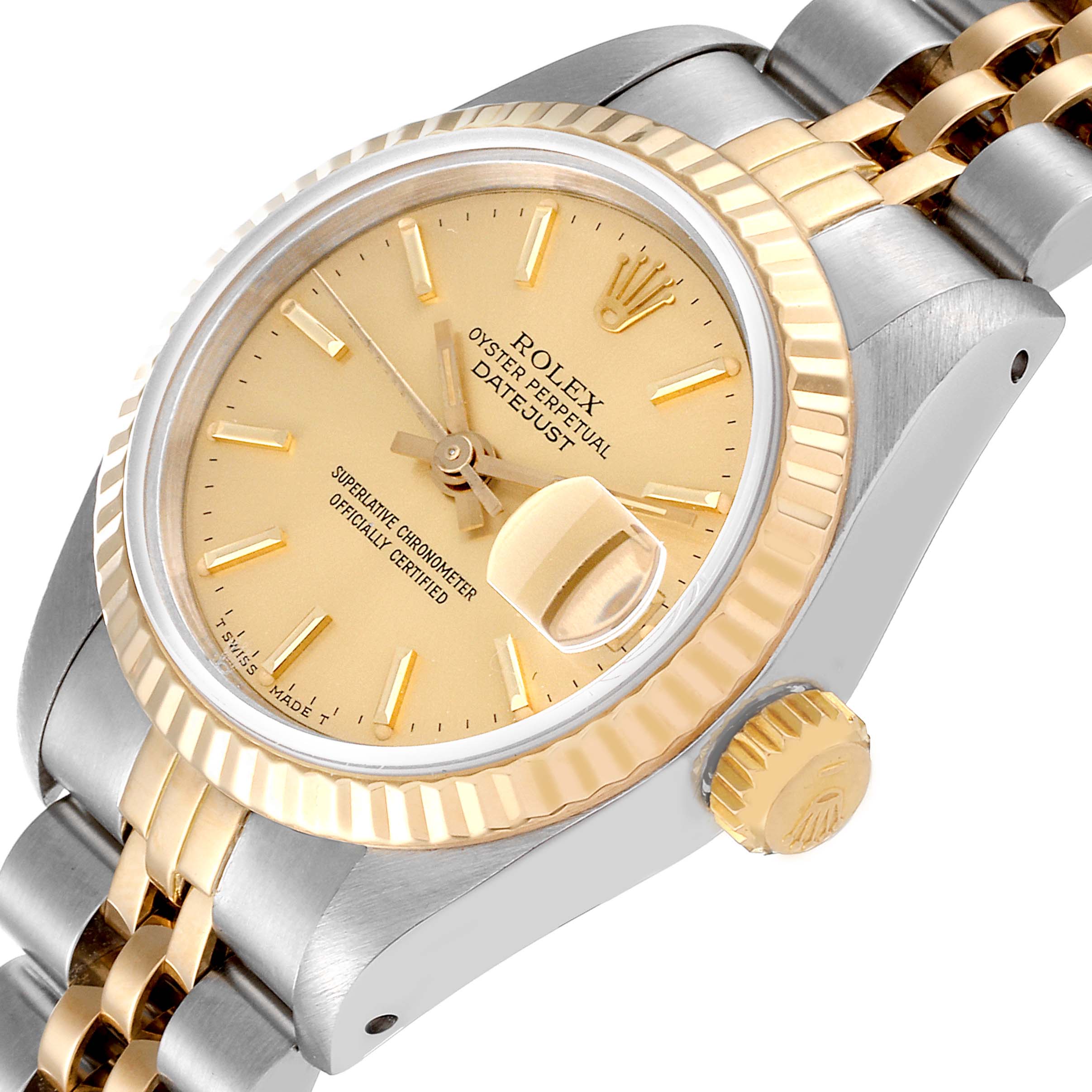 The image shows a close-up angle of a Rolex Datejust 69173 Women's Steel and Gold (two tone) Champagne Dial 69173 Women's Steel and Gold (two tone) Champagne Dial watch, highlighting the dial, crown, and part of the two-tone bracelet.