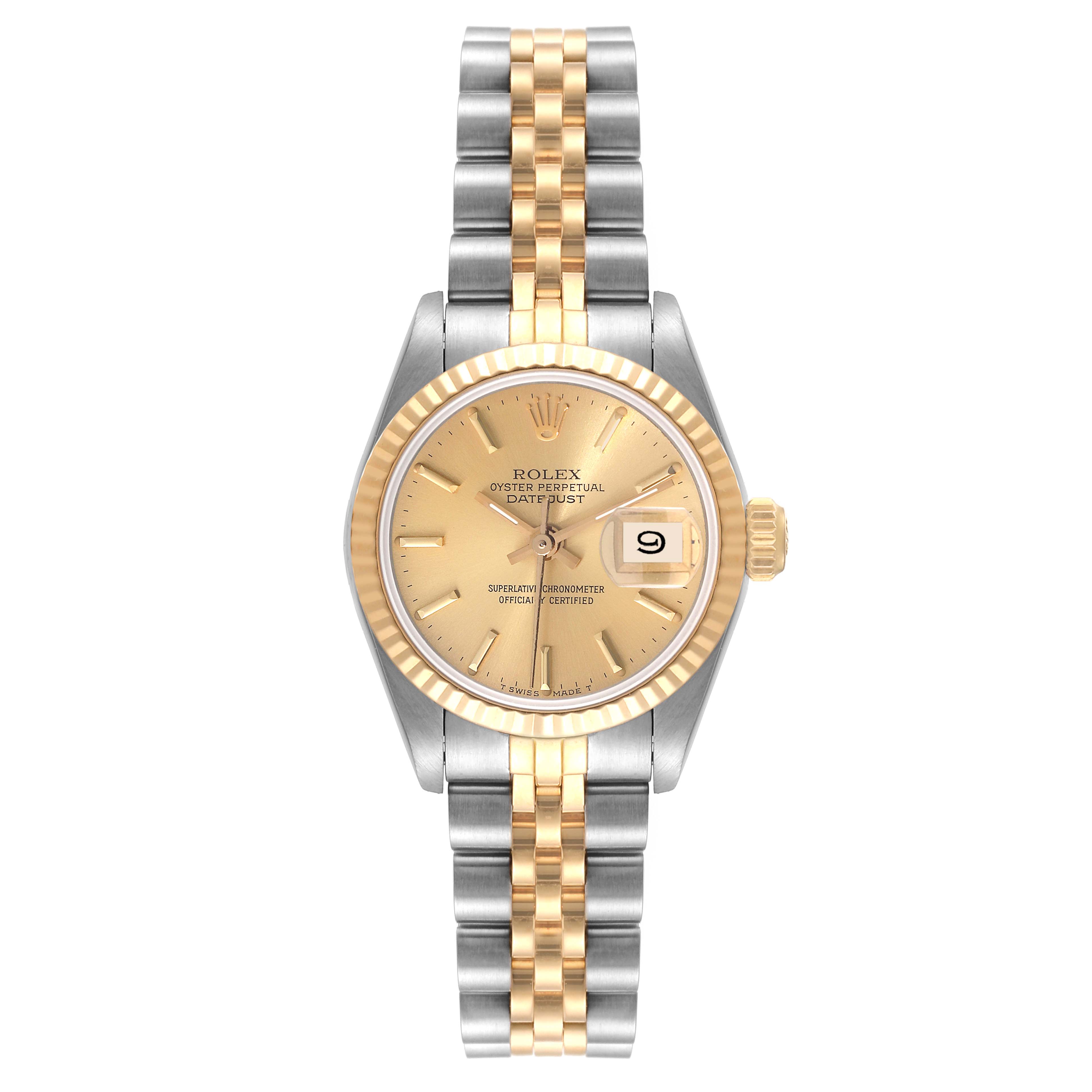 The image shows a Rolex Datejust 69173 Women's Steel and Gold (two tone) Champagne Dial 69173 Women's Steel and Gold (two tone) Champagne Dial watch from a front view, displaying its face, bezel, and two-tone bracelet.