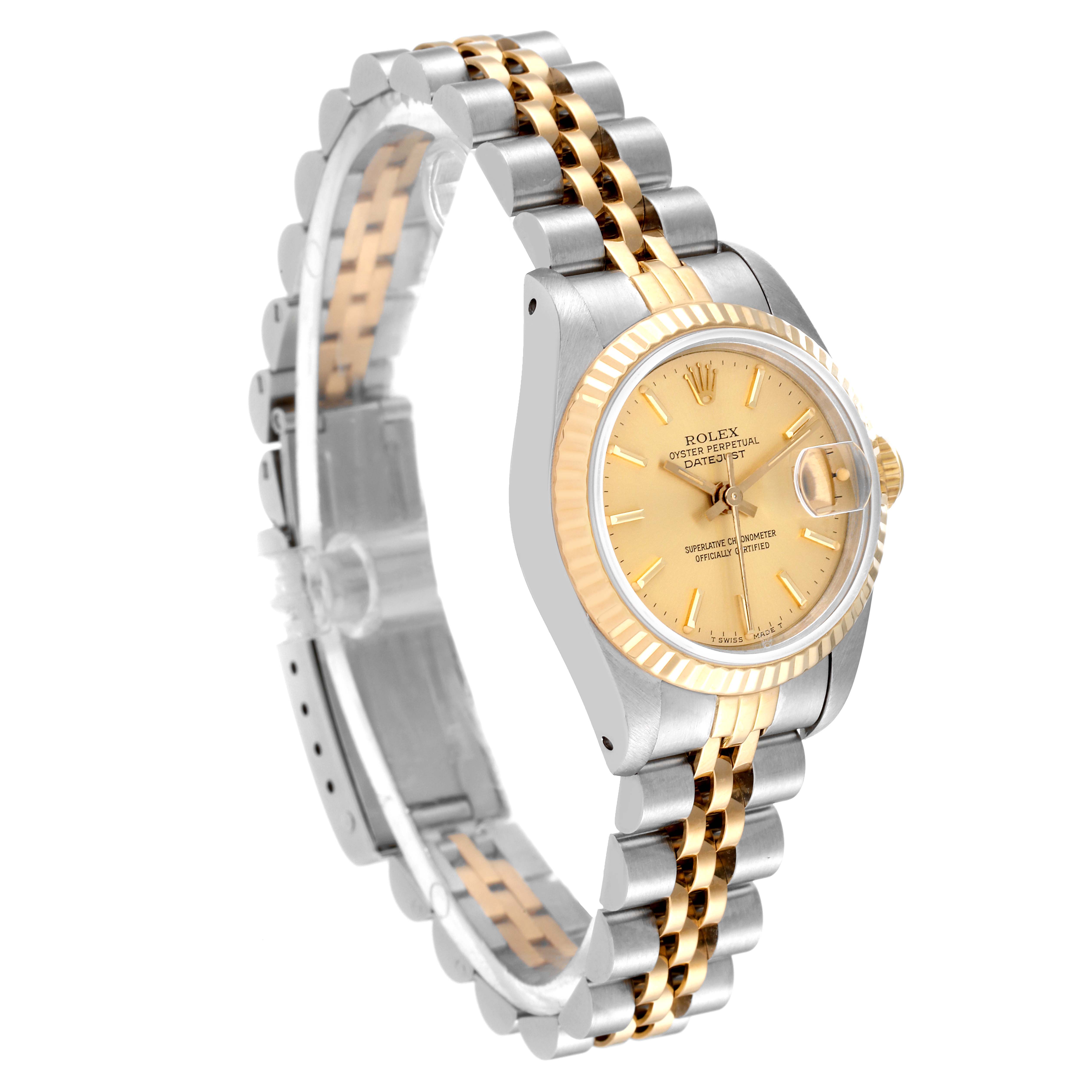 This image shows a Rolex Datejust 69173 Women's Steel and Gold (two tone) Champagne Dial 69173 Women's Steel and Gold (two tone) Champagne Dial watch at an angled side view, highlighting its two-tone bracelet and gold dial.