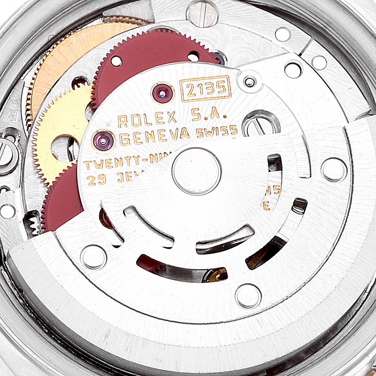This image shows the internal movement mechanism of a Rolex Datejust 69173 Women's Steel and Gold (two tone) Champagne Dial 69173 Women's Steel and Gold (two tone) Champagne Dial watch from a top-down angle.