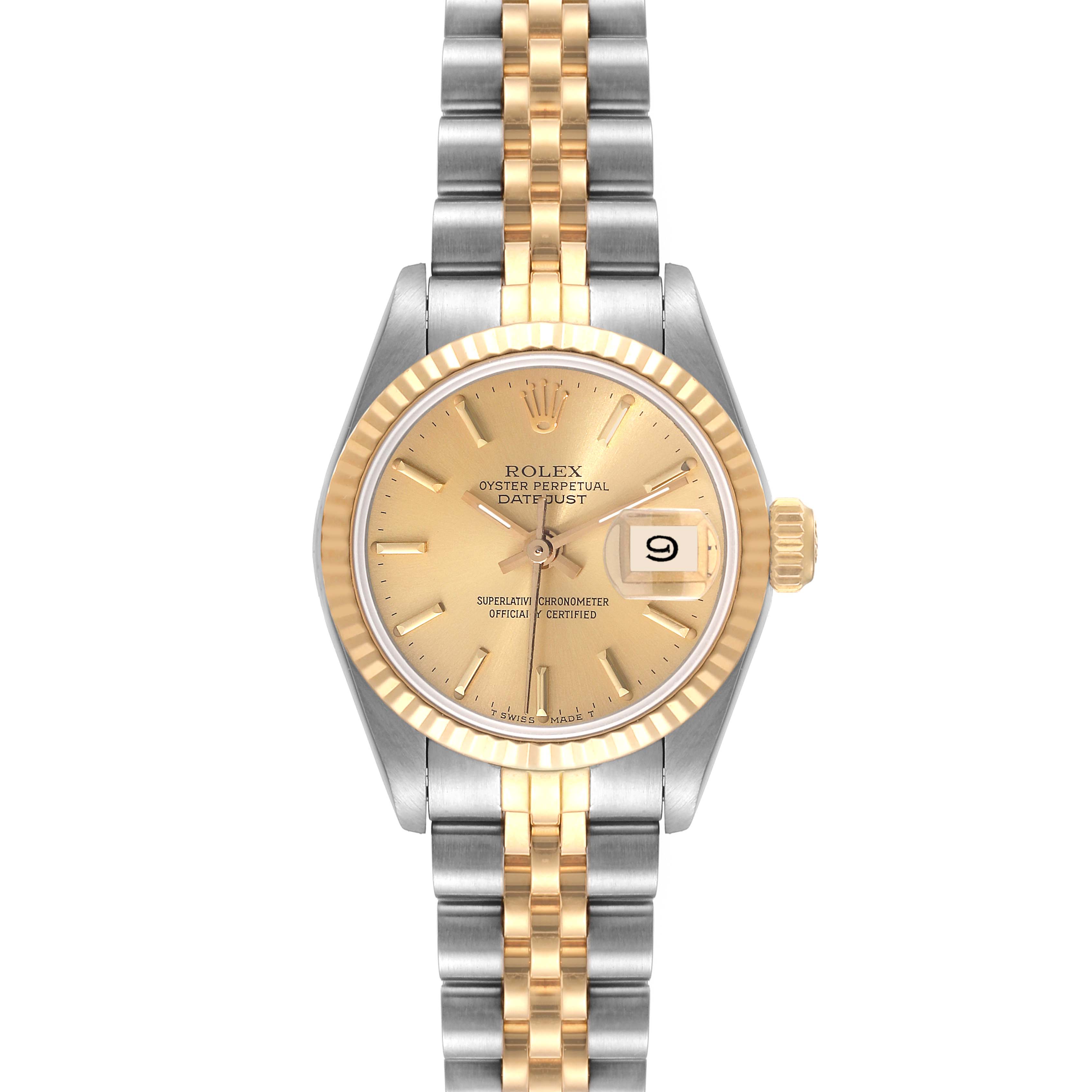 This image shows a front view of a Rolex Datejust 69173 Women's Steel and Gold (two tone) Champagne Dial 69173 Women's Steel and Gold (two tone) Champagne Dial watch, featuring a gold and silver Oyster bracelet, and a champagne dial.