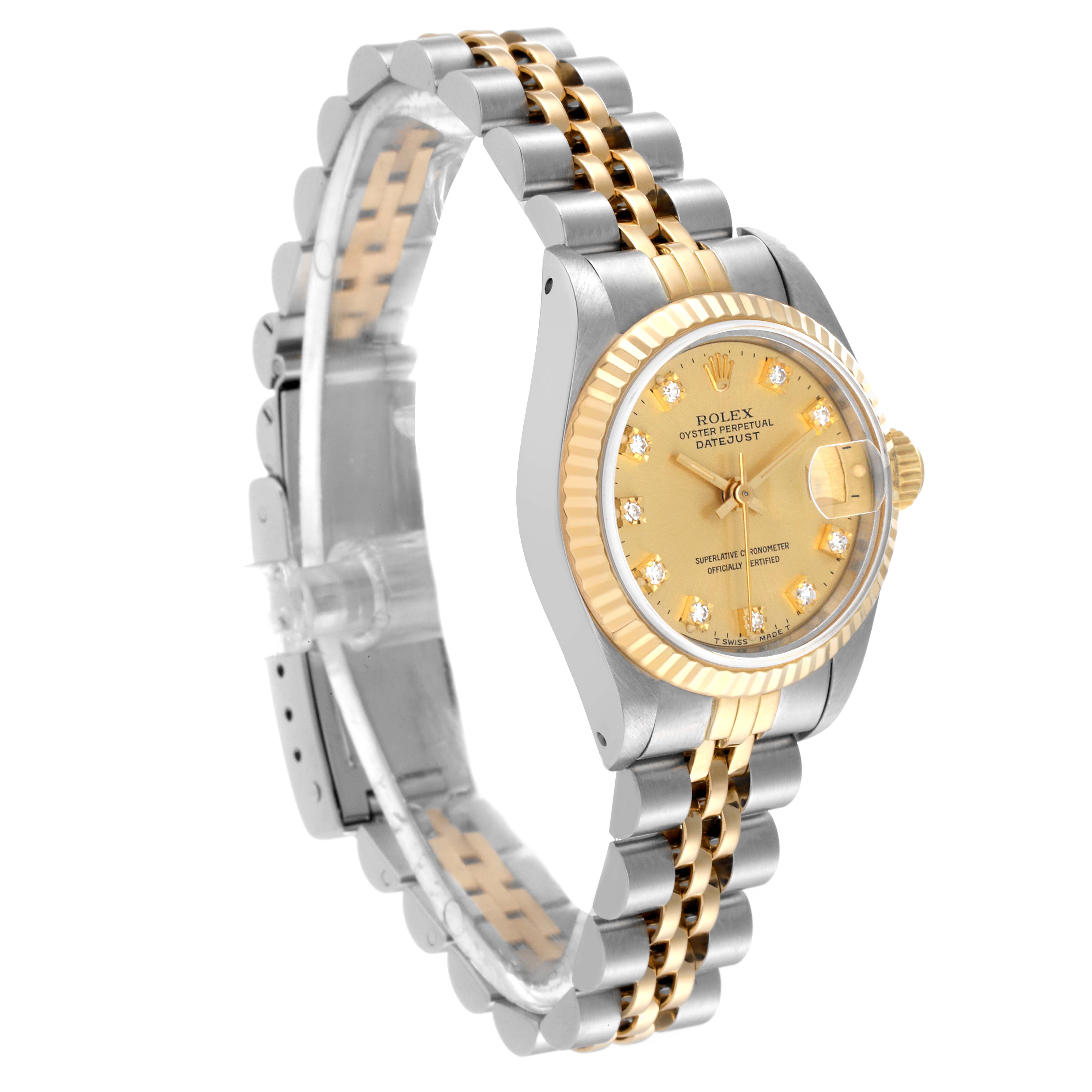 The image shows a Rolex Datejust 69173 Women's Steel and Gold (two tone) Champagne Dial 69173 Women's Steel and Gold (two tone) Champagne Dial watch at a slight side angle, highlighting its gold dial, bezel, and two-tone bracelet.