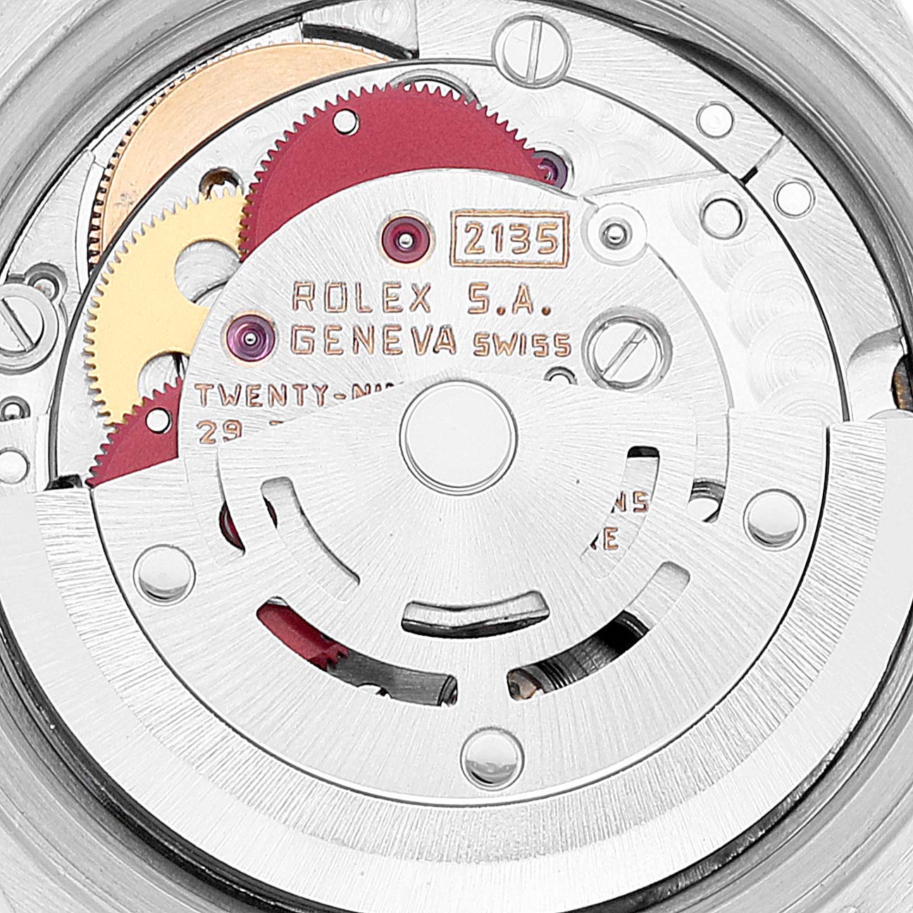 This image shows a close-up of the movement mechanism and oscillating weight of a Rolex Datejust 69173 Women's Steel and Gold (two tone) Champagne Dial 69173 Women's Steel and Gold (two tone) Champagne Dial watch.