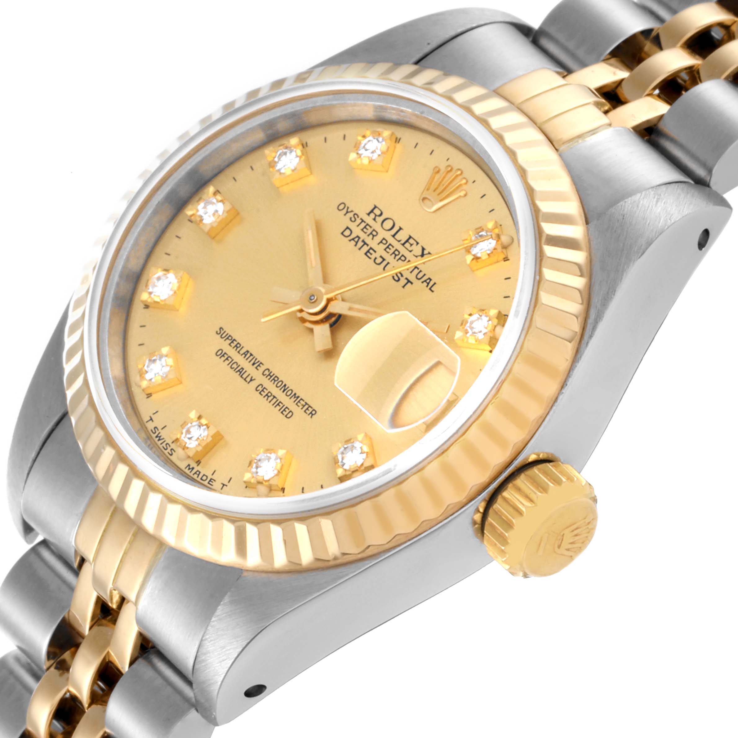 This image shows the Rolex Datejust 69173 Women's Steel and Gold (two tone) Champagne Dial 69173 Women's Steel and Gold (two tone) Champagne Dial model from an angled side view, highlighting its dial, bezel, crown, and part of the bracelet.