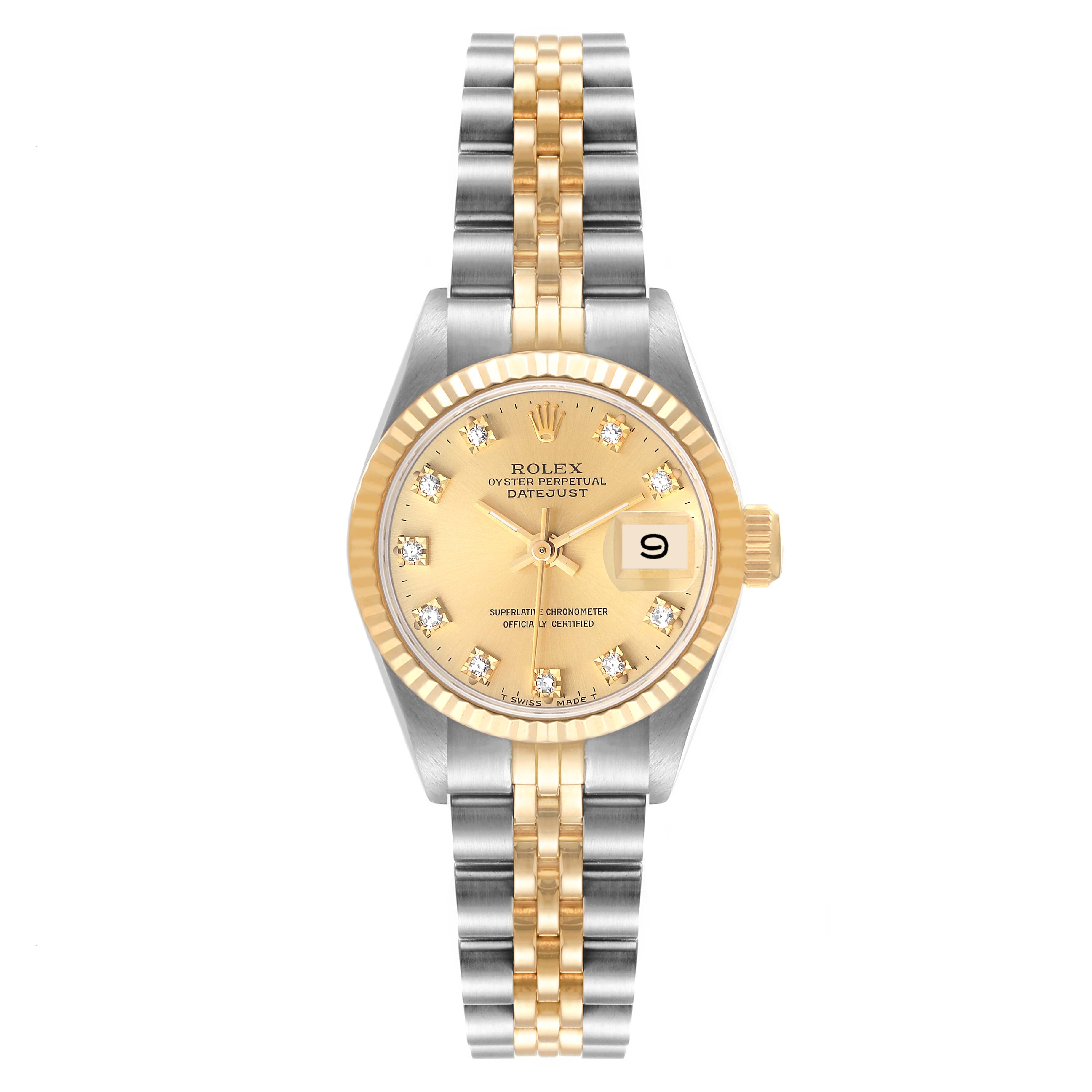 The image shows a Rolex Datejust 69173 Women's Steel and Gold (two tone) Champagne Dial 69173 Women's Steel and Gold (two tone) Champagne Dial watch from a top-down angle, displaying its dial, bezel, and two-tone bracelet.