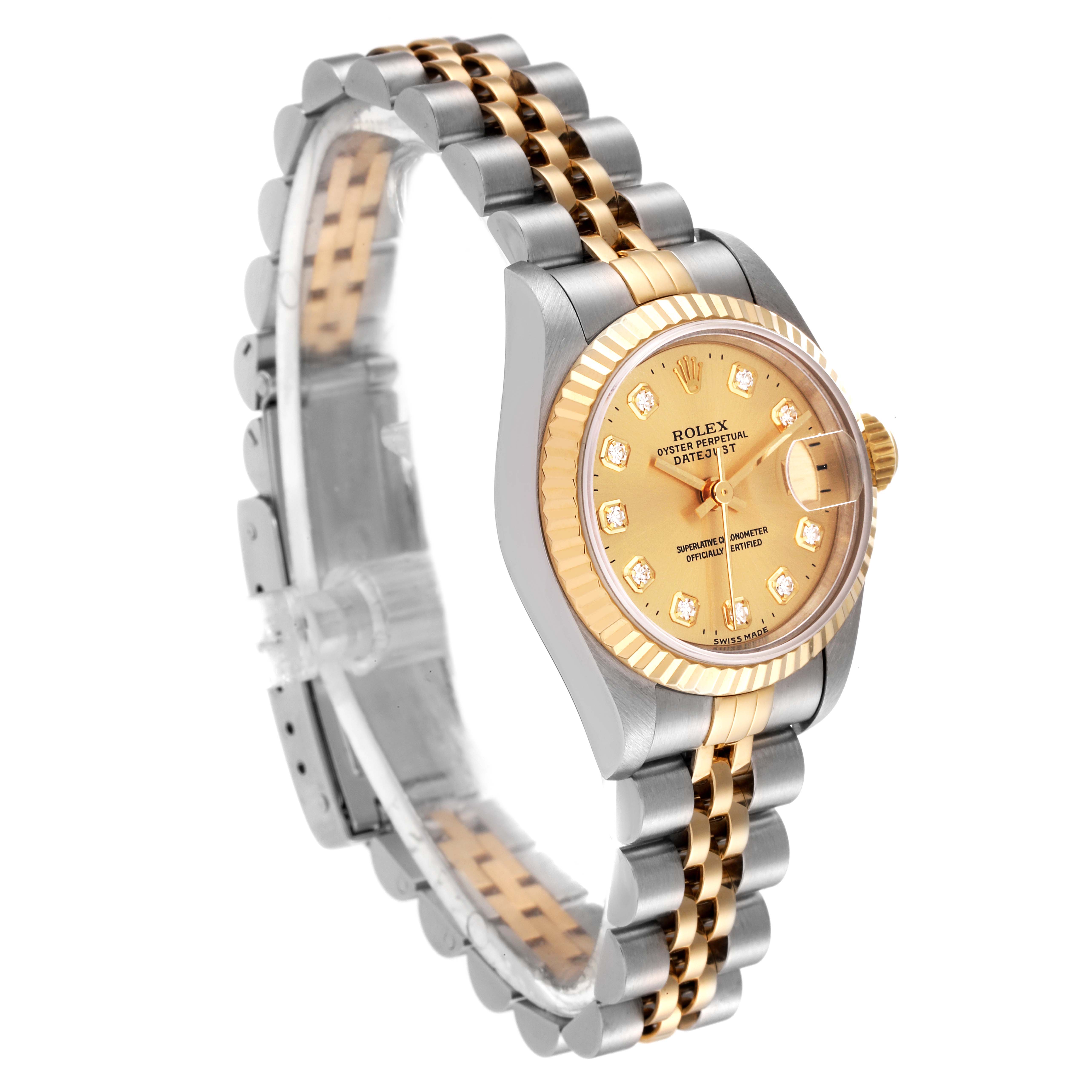 The image shows a side angle of a Rolex Datejust 69173 Women's Steel and Gold (two tone) Champagne Dial 69173 Women's Steel and Gold (two tone) Champagne Dial watch highlighting the gold and steel bracelet, bezel, and face.