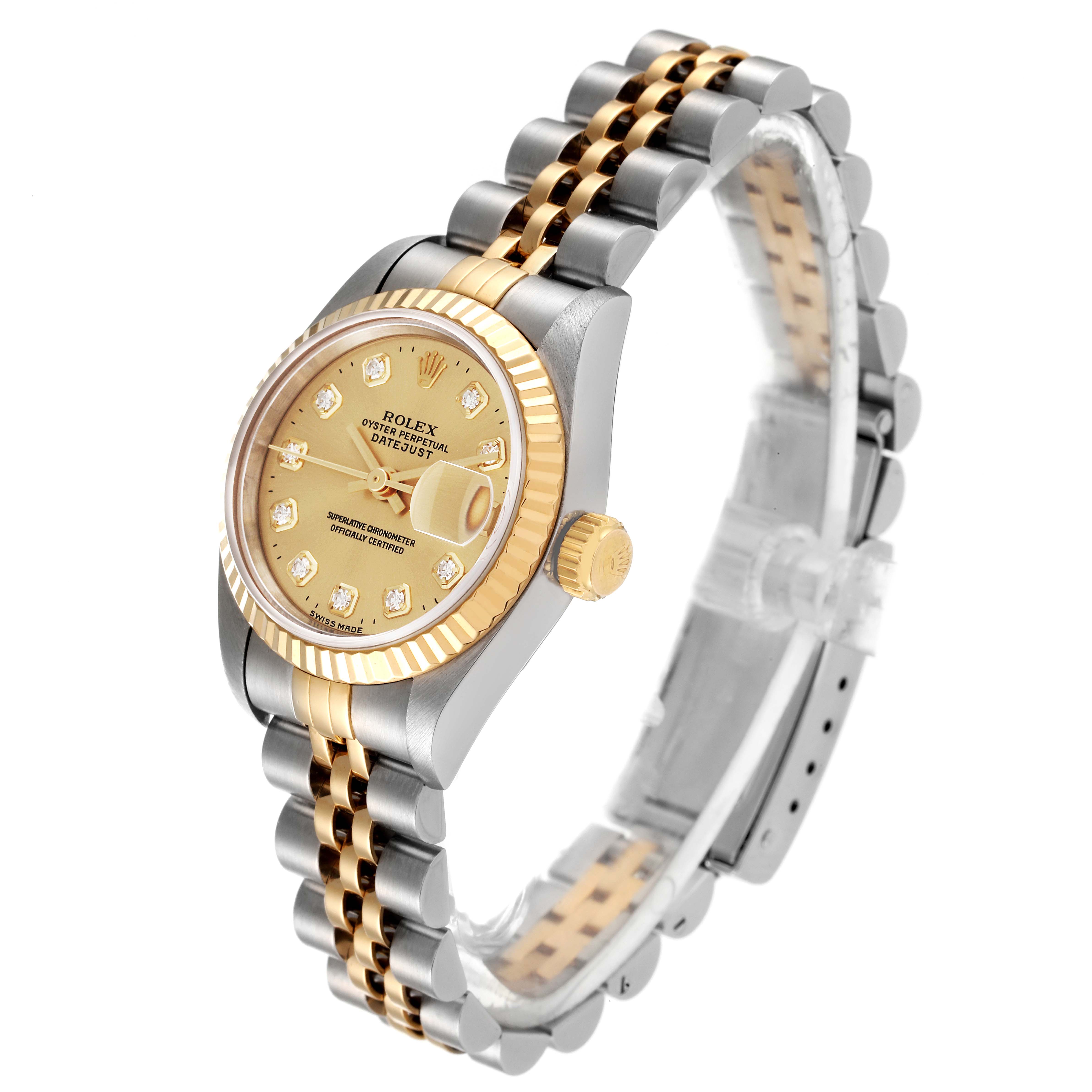This Rolex Datejust 69173 Women's Steel and Gold (two tone) Champagne Dial 69173 Women's Steel and Gold (two tone) Champagne Dial watch is shown at a three-quarter angle displaying the dial, bezel, crown, and jubilee bracelet.