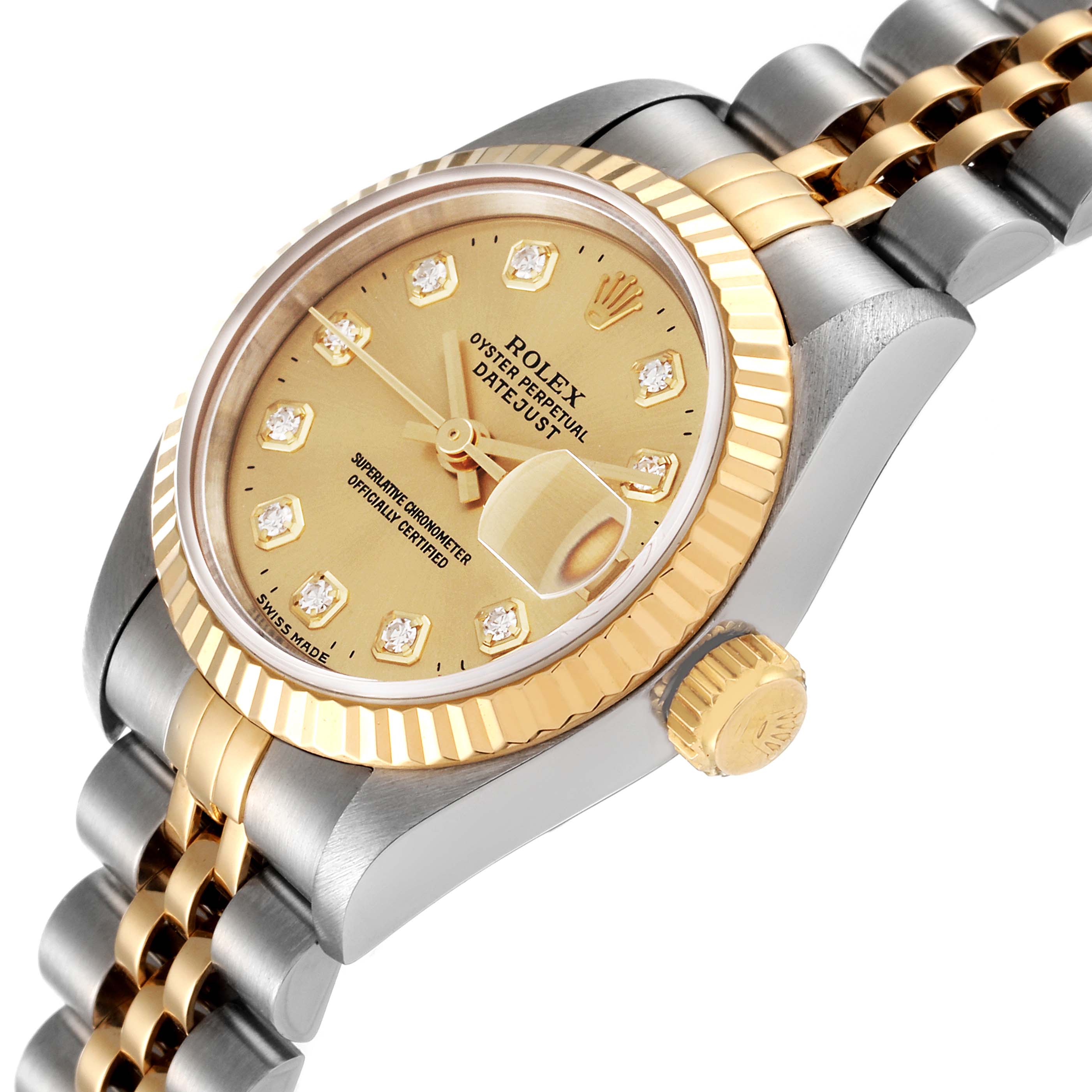 This image shows a close-up angle of a Rolex Datejust 69173 Women's Steel and Gold (two tone) Champagne Dial 69173 Women's Steel and Gold (two tone) Champagne Dial watch highlighting the gold dial, bezel, and two-tone bracelet.