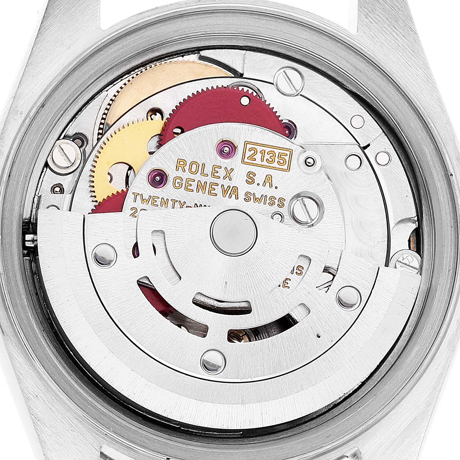 The image shows the inner mechanical movement of a Rolex Datejust 69173 Women's Steel and Gold (two tone) Champagne Dial 69173 Women's Steel and Gold (two tone) Champagne Dial watch, viewed from the back.