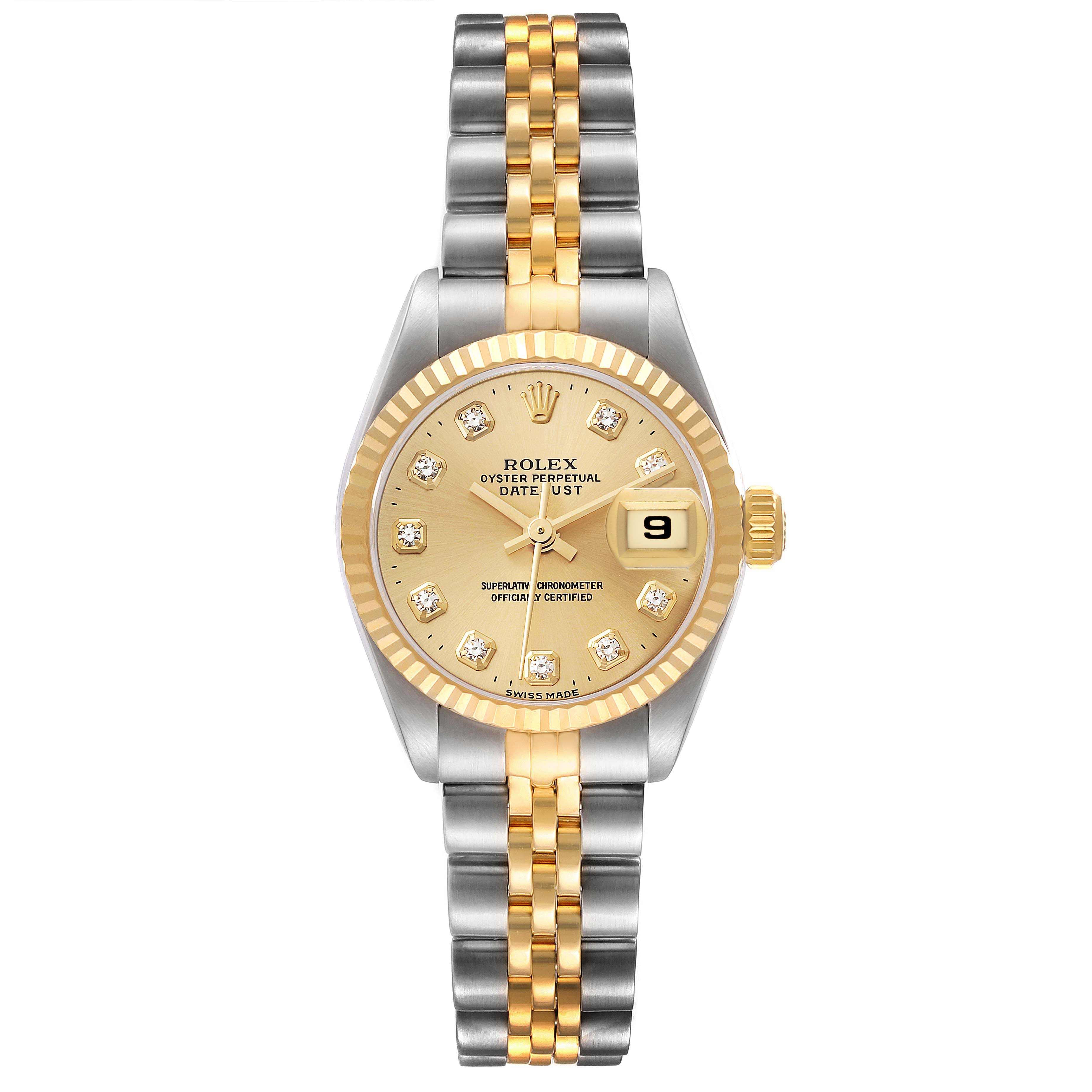 This image shows a Rolex Datejust 69173 Women's Steel and Gold (two tone) Champagne Dial 69173 Women's Steel and Gold (two tone) Champagne Dial watch from a top-down angle, highlighting its gold and silver bracelet, dial, hands, and date display.