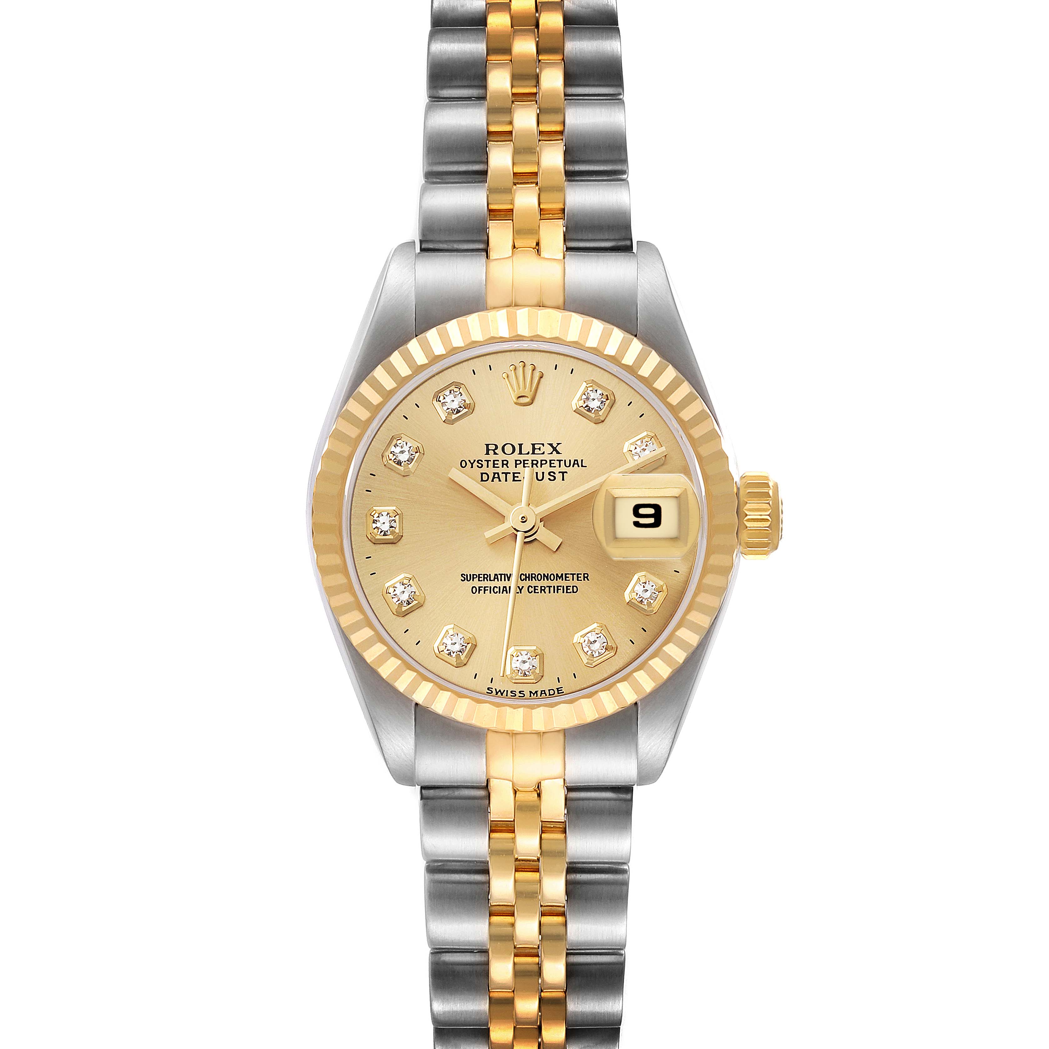This image shows the front view of a Rolex Datejust 69173 Women's Steel and Gold (two tone) Champagne Dial 69173 Women's Steel and Gold (two tone) Champagne Dial watch, highlighting its two-tone bracelet, fluted bezel, and date window.