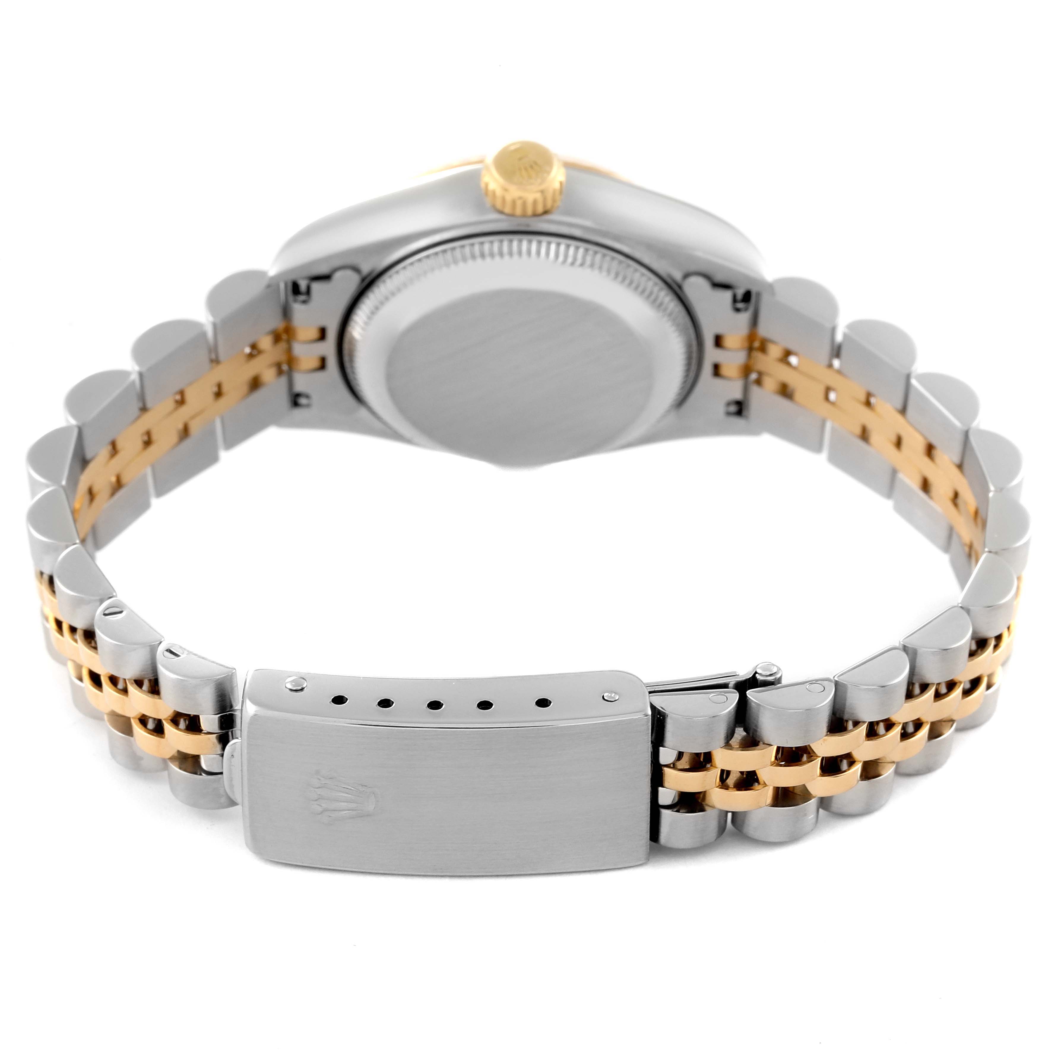 This image shows the back case and bracelet clasp of a Rolex Datejust 69173 Women's Steel and Gold (two tone) Champagne Dial 69173 Women's Steel and Gold (two tone) Champagne Dial watch, viewed from a rear angle.