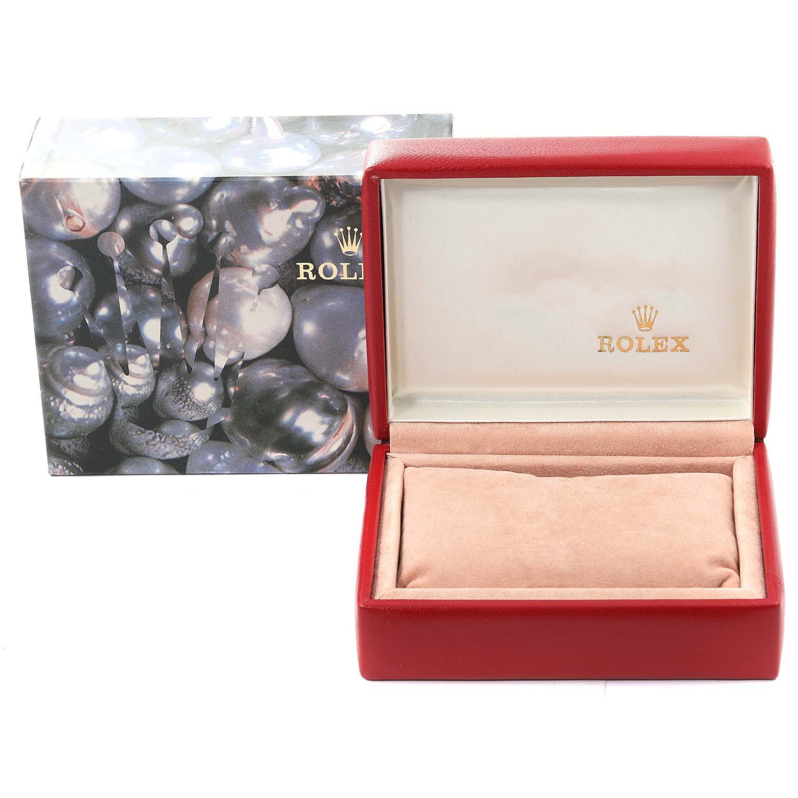 The image shows a Rolex Datejust 69173 Women's Steel and Gold (two tone) Champagne Dial 69173 Women's Steel and Gold (two tone) Champagne Dial watch box and packaging from a front angle, with the box open, revealing the cushion inside.