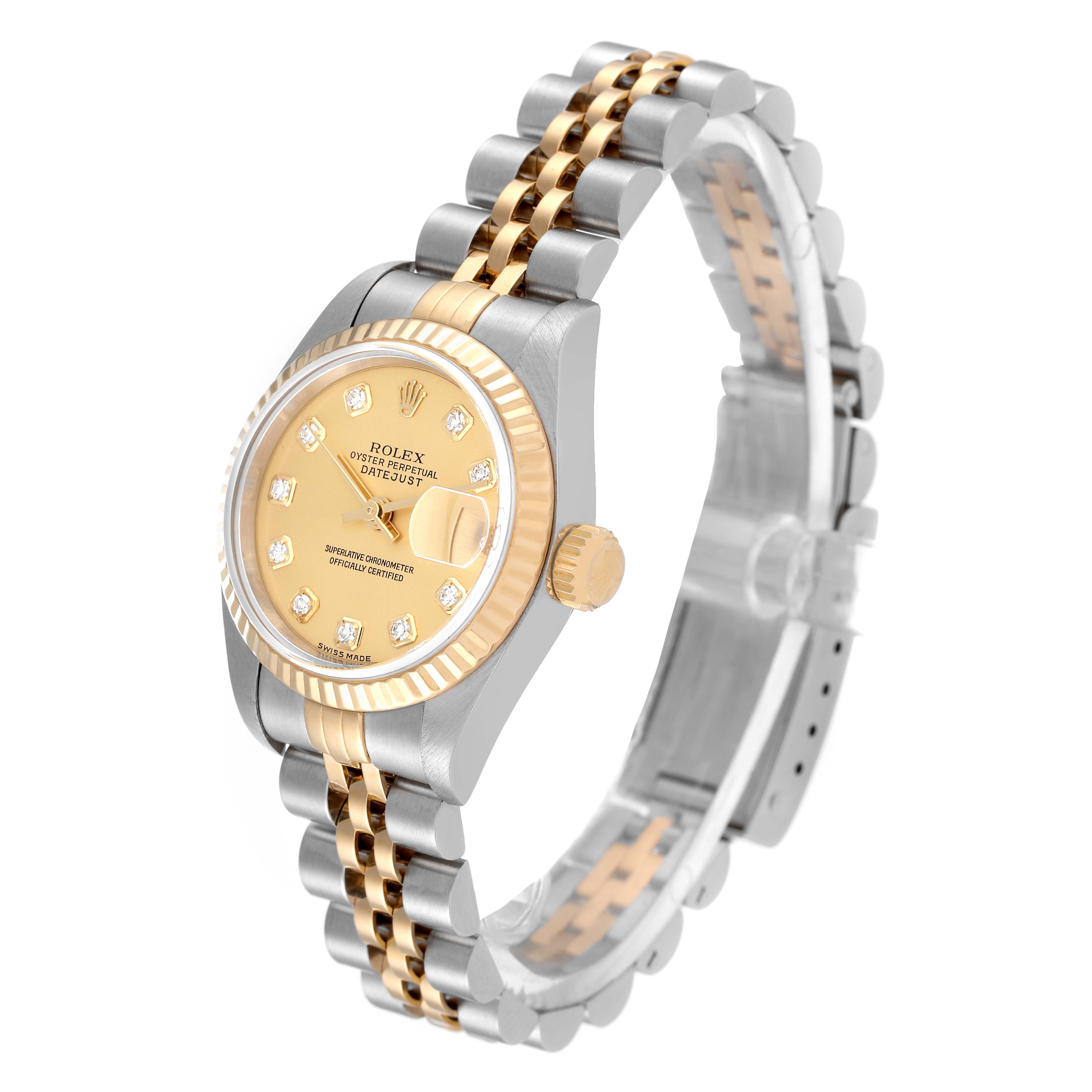 This image shows a side angle of a Rolex Datejust 79173 Women's Steel and Gold (two tone) Champagne Dial 79173 Women's Steel and Gold (two tone) Champagne Dial watch, highlighting the gold and silver bracelet and diamond-accented dial.