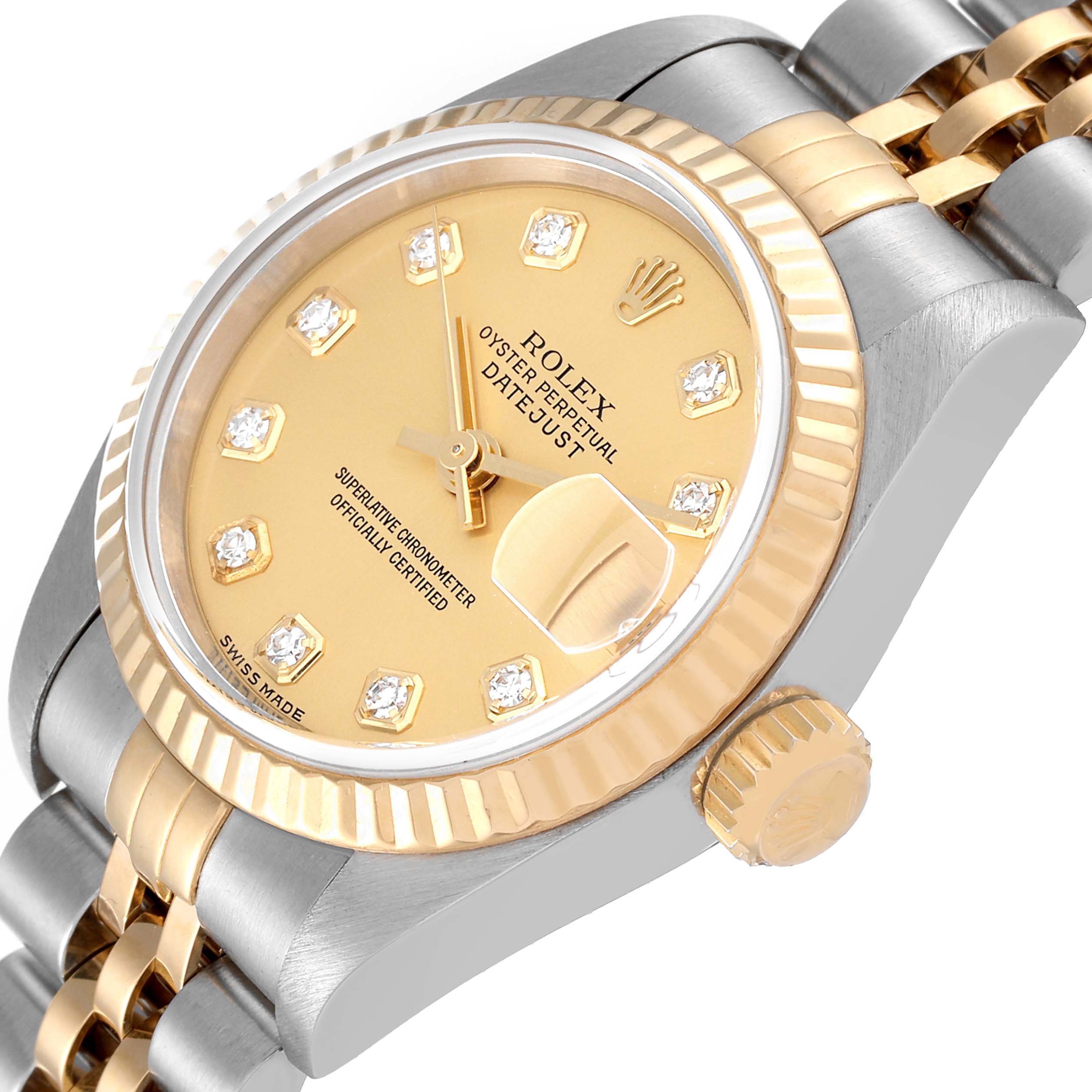 The image shows a side angle of a Rolex Datejust 79173 Women's Steel and Gold (two tone) Champagne Dial 79173 Women's Steel and Gold (two tone) Champagne Dial, highlighting the dial, fluted bezel, and part of the jubilee bracelet.