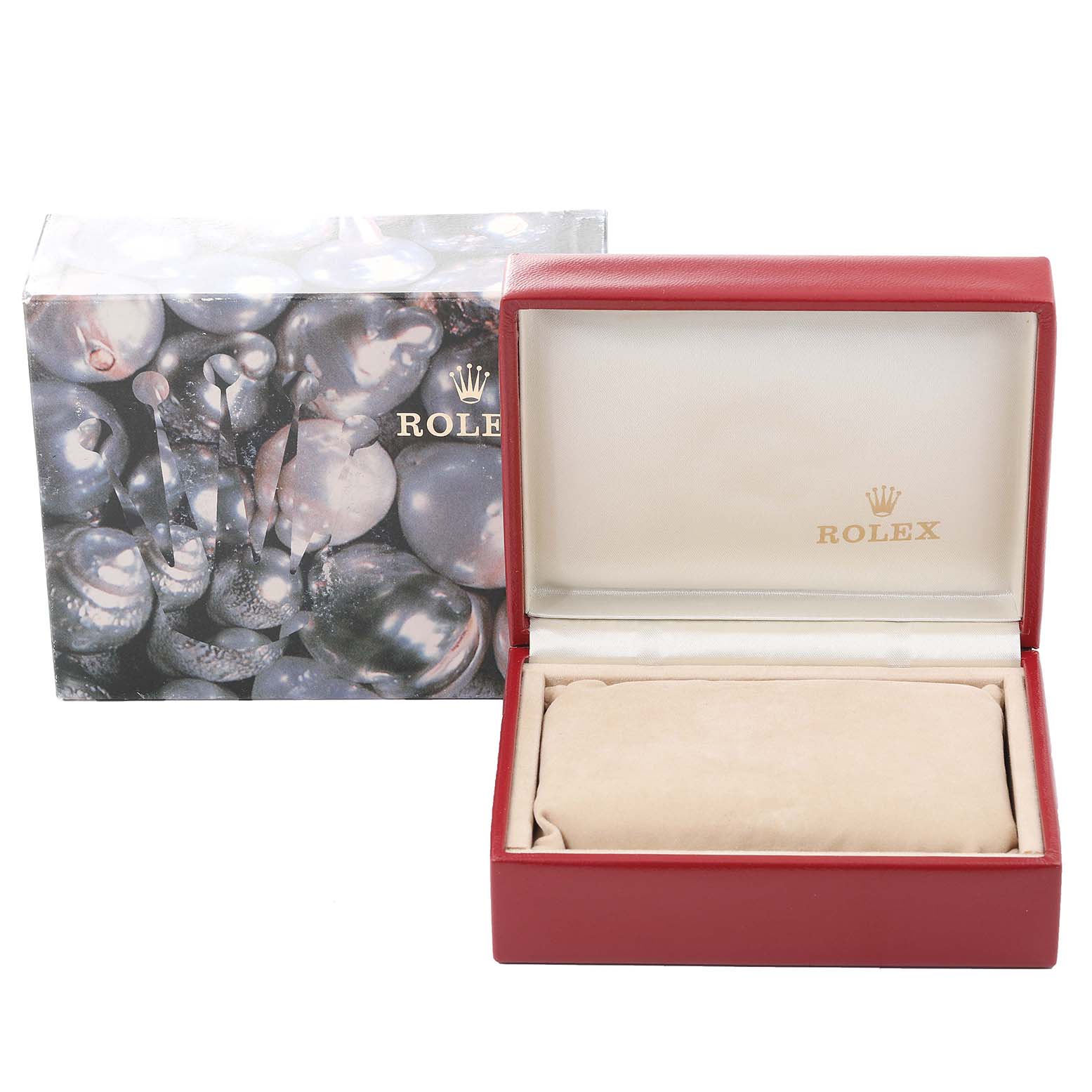 The image shows a Rolex Datejust 79173 Women's Steel and Gold (two tone) Champagne Dial 79173 Women's Steel and Gold (two tone) Champagne Dial watch box with a decorative outer box and an open inner cushion.