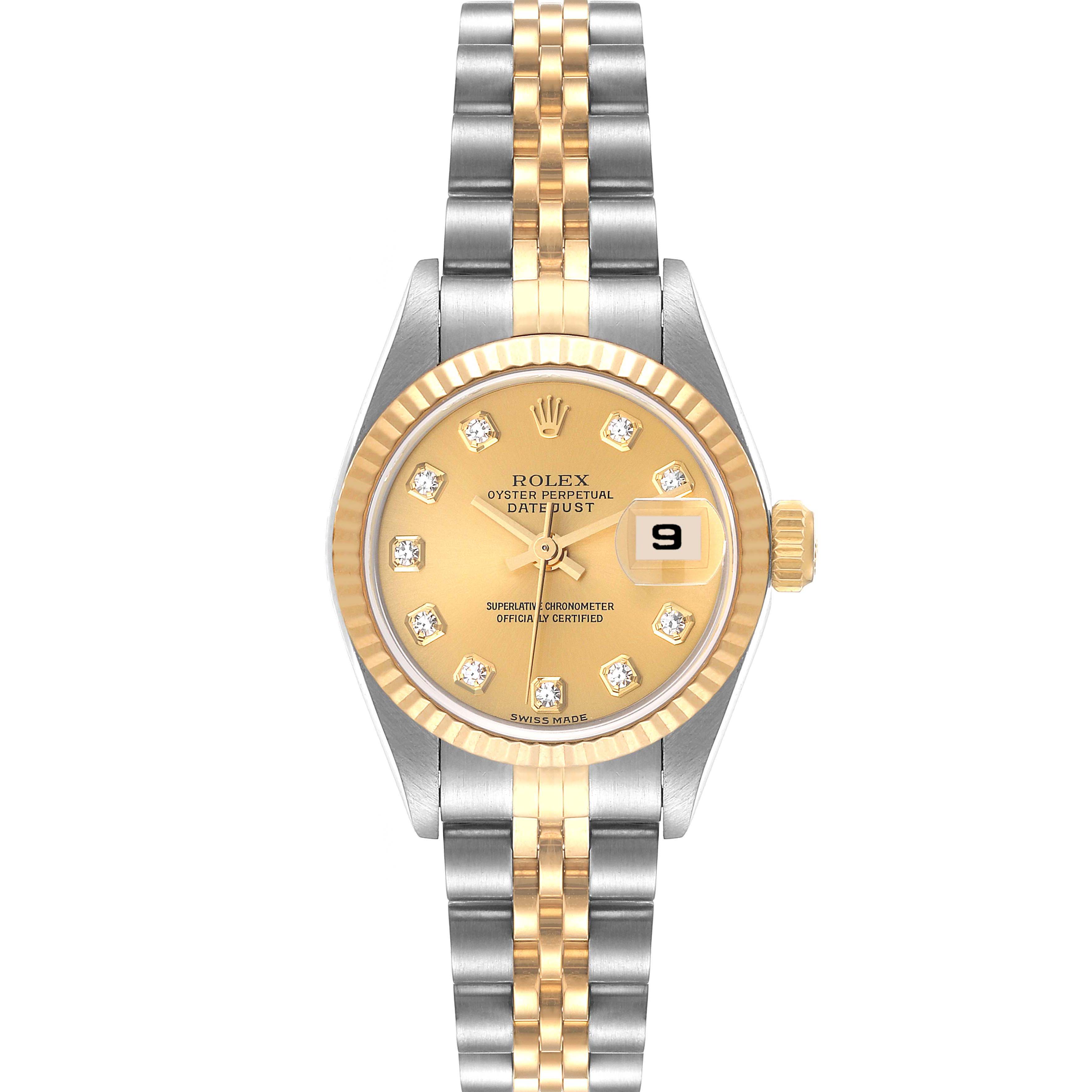 This image shows a front view of the Rolex Datejust 79173 Women's Steel and Gold (two tone) Champagne Dial 79173 Women's Steel and Gold (two tone) Champagne Dial watch, displaying the dial, bezel, and bracelet.