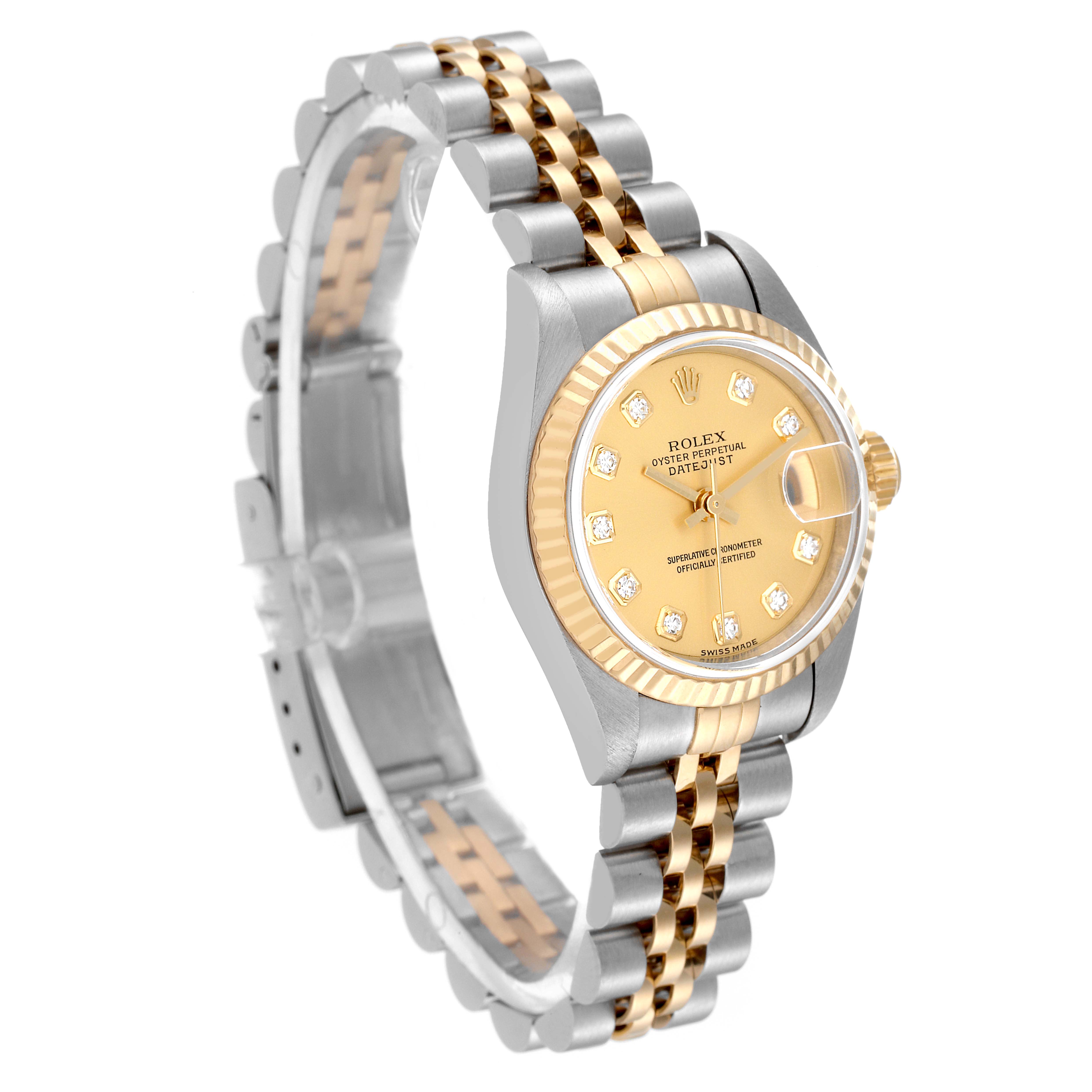 This Rolex Datejust 79173 Women's Steel and Gold (two tone) Champagne Dial 79173 Women's Steel and Gold (two tone) Champagne Dial watch is shown from an elevated angle, displaying the face, bracelet, and clasp.