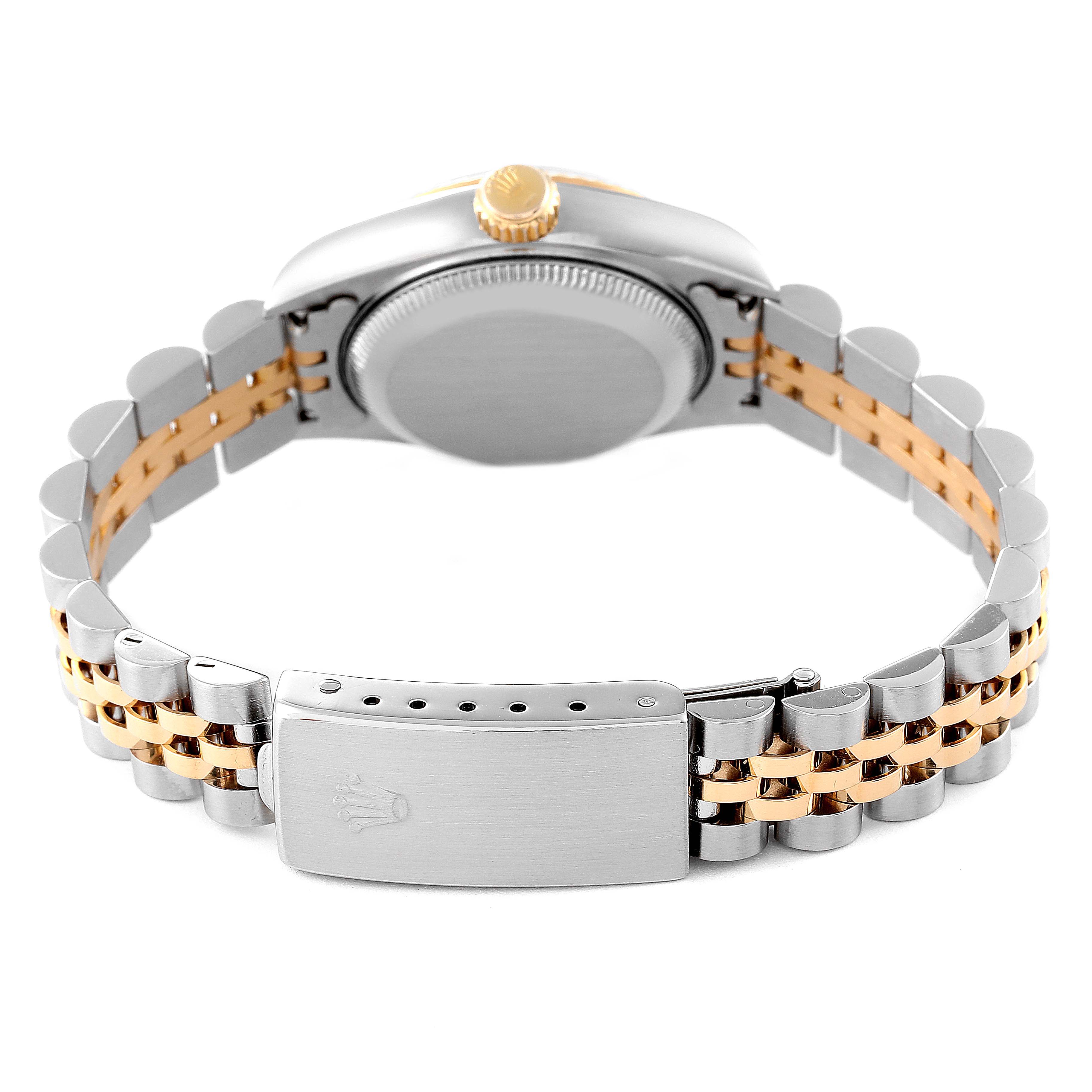 The image shows the back of a Rolex Datejust 79173 Women's Steel and Gold (two tone) Champagne Dial 79173 Women's Steel and Gold (two tone) Champagne Dial watch, focusing on its bracelet and clasp.