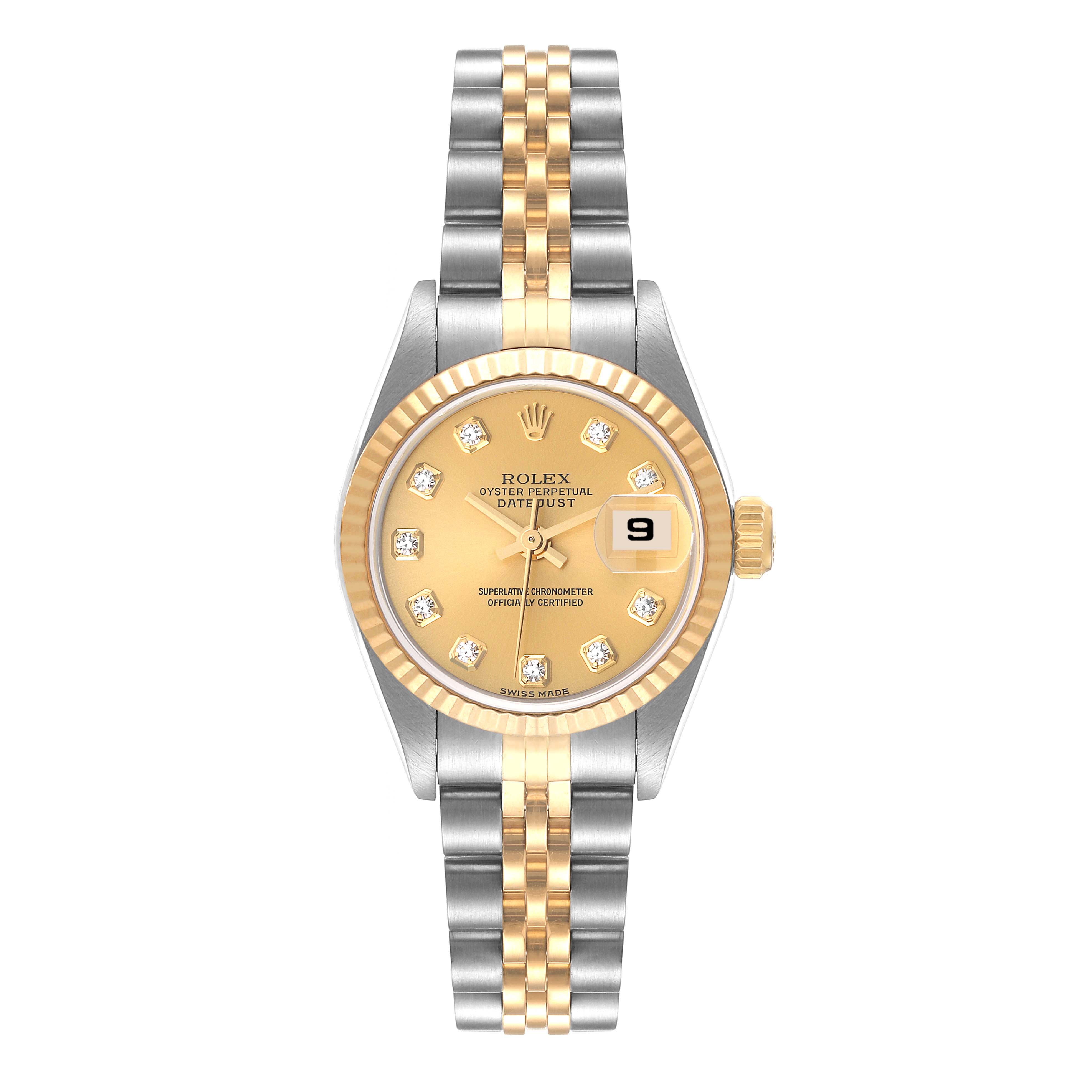 The Rolex Datejust 79173 Women's Steel and Gold (two tone) Champagne Dial 79173 Women's Steel and Gold (two tone) Champagne Dial watch is shown from a top-down view, featuring its dial, bezel, and bracelet.