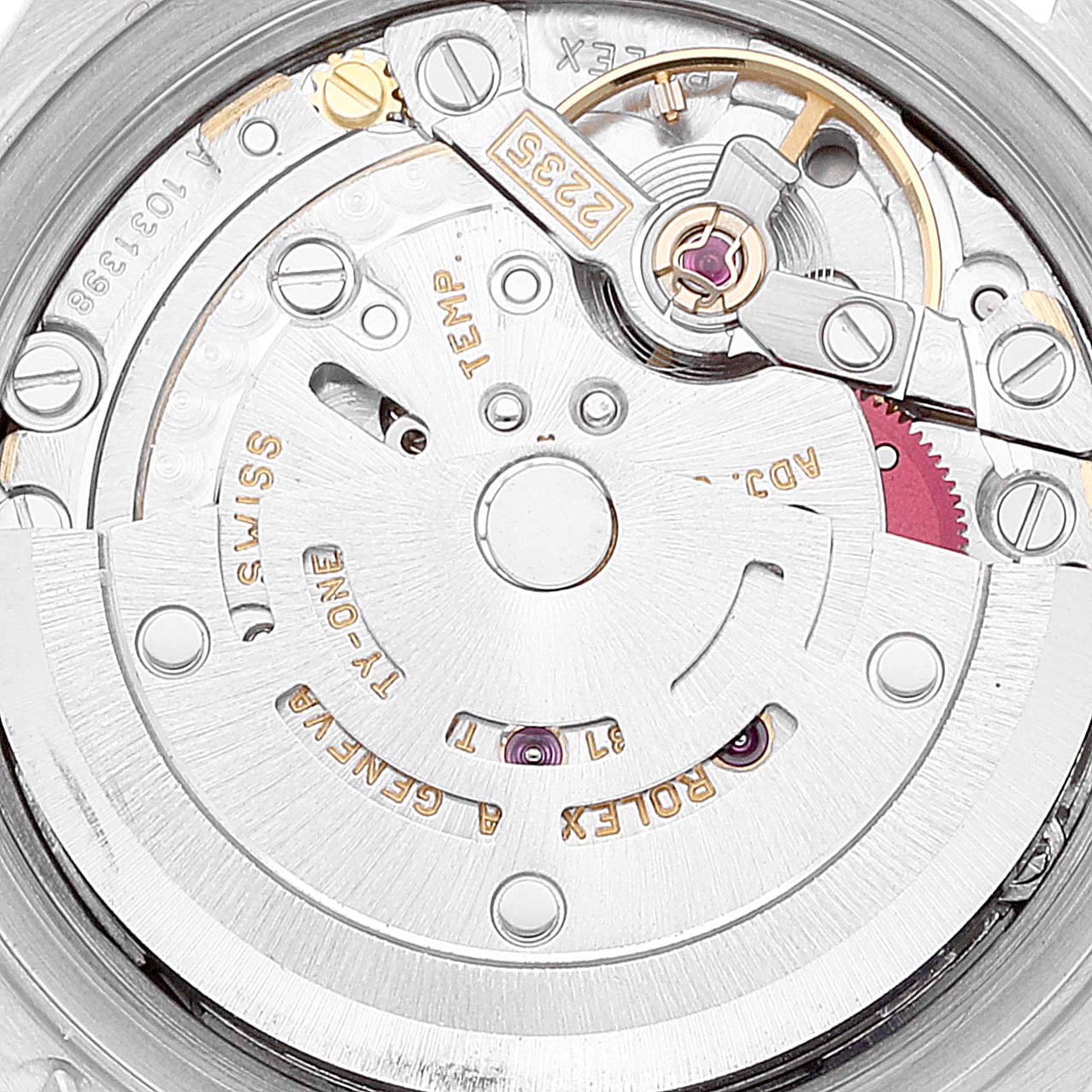 This image shows the intricate internal movement mechanism of the Rolex Datejust 79173 Women's Steel and Gold (two tone) Champagne Dial 79173 Women's Steel and Gold (two tone) Champagne Dial watch from a close-up angle.