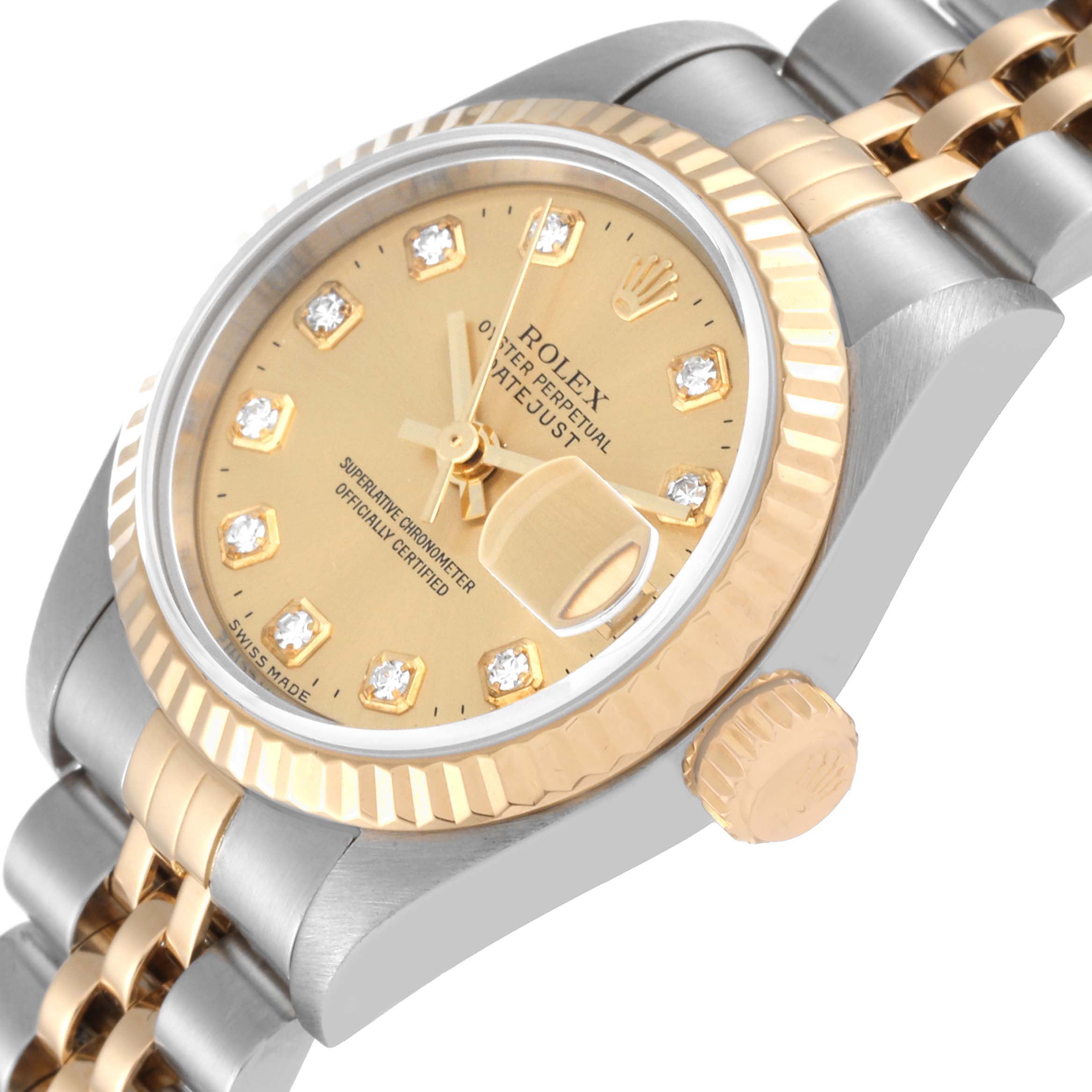 This image shows a close-up angled view of the Rolex Datejust 79173G Women's Steel and Gold (two tone) Champagne Dial 79173G Women's Steel and Gold (two tone) Champagne Dial, highlighting the dial, bezel, crown, and part of the bracelet.