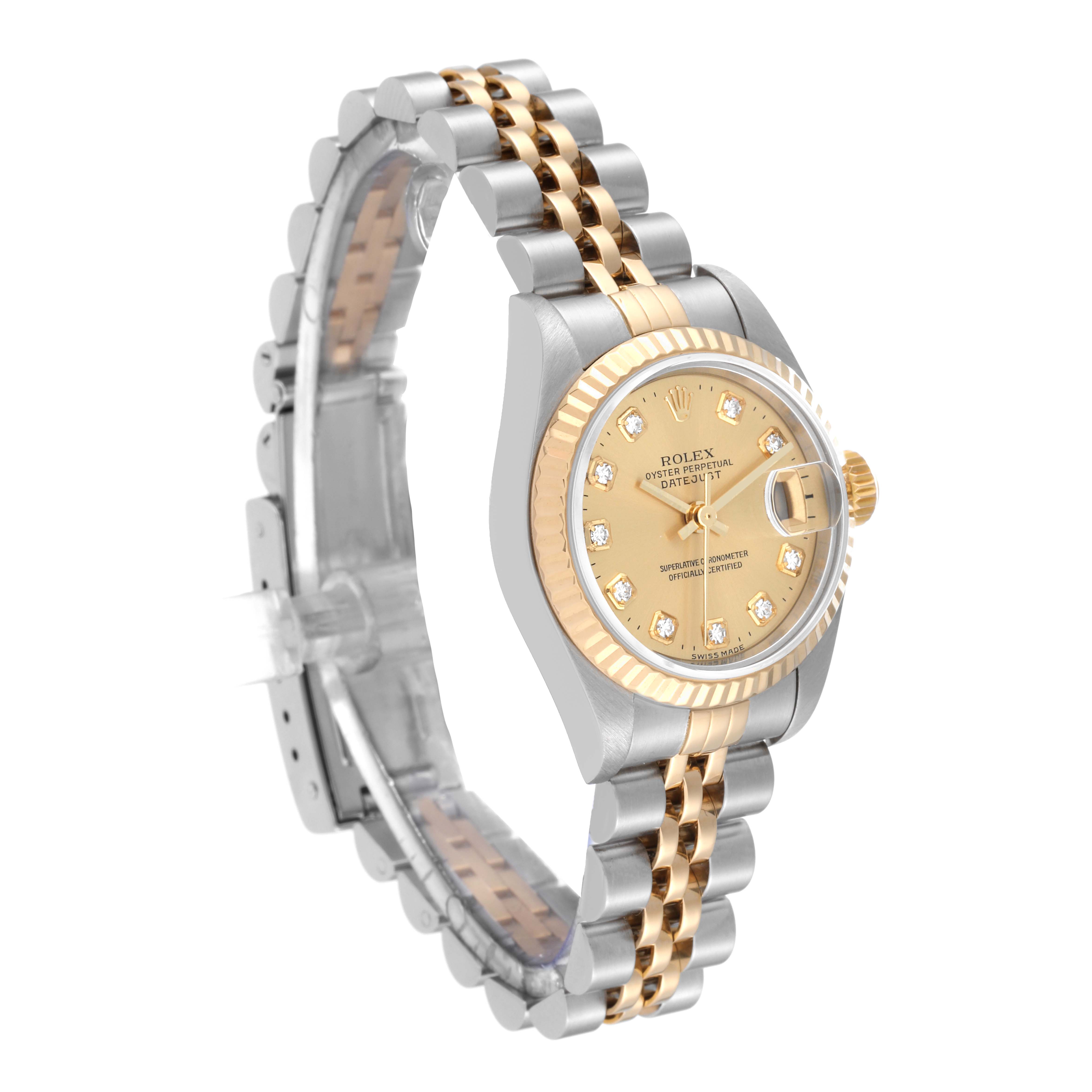 This is a side view of a Rolex Datejust 79173G Women's Steel and Gold (two tone) Champagne Dial 79173G Women's Steel and Gold (two tone) Champagne Dial watch, showing the dial, bezel, case, and bracelet.