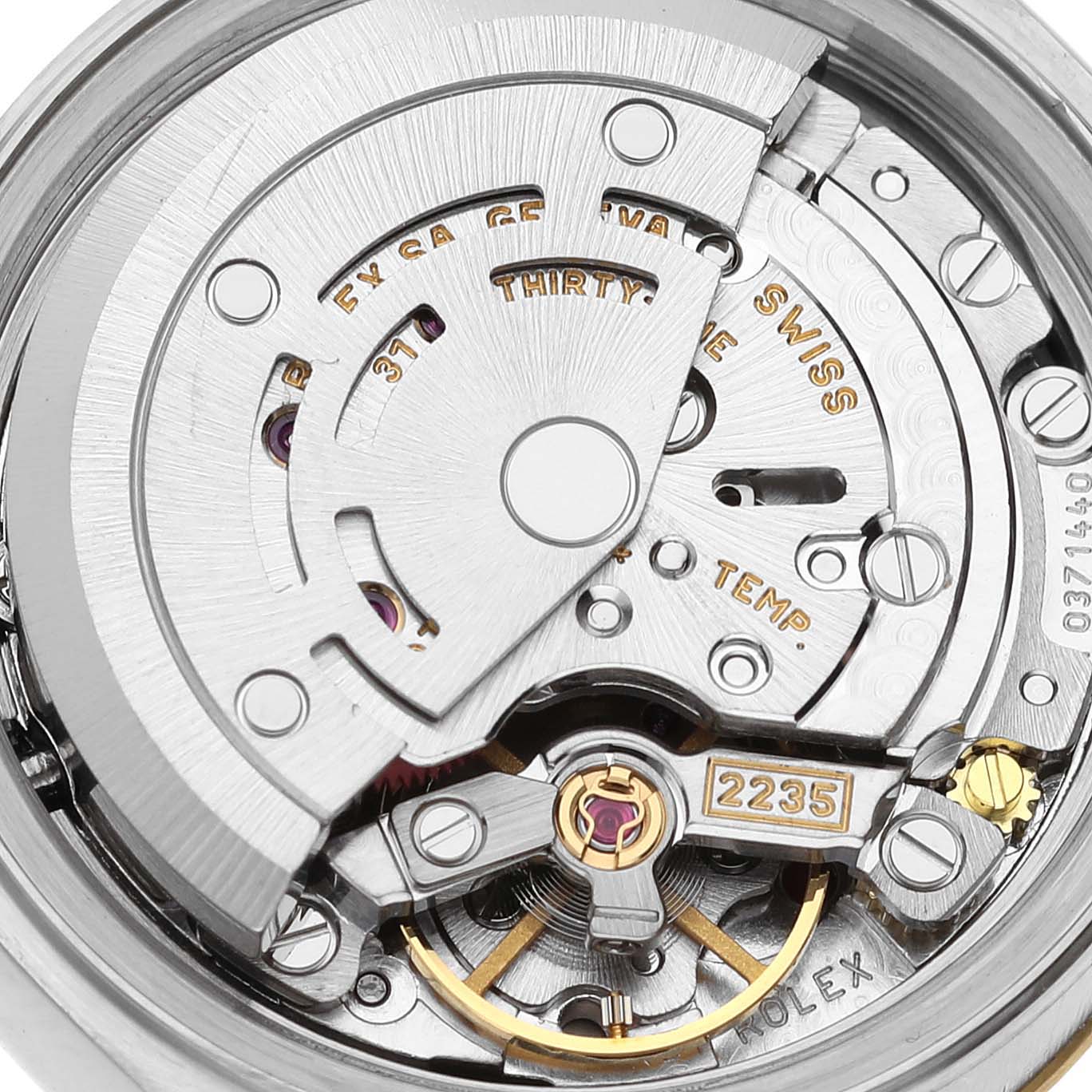 This image shows the Rolex Datejust 79173G Women's Steel and Gold (two tone) Champagne Dial 79173G Women's Steel and Gold (two tone) Champagne Dial's movement mechanism from a close-up, top-down angle.