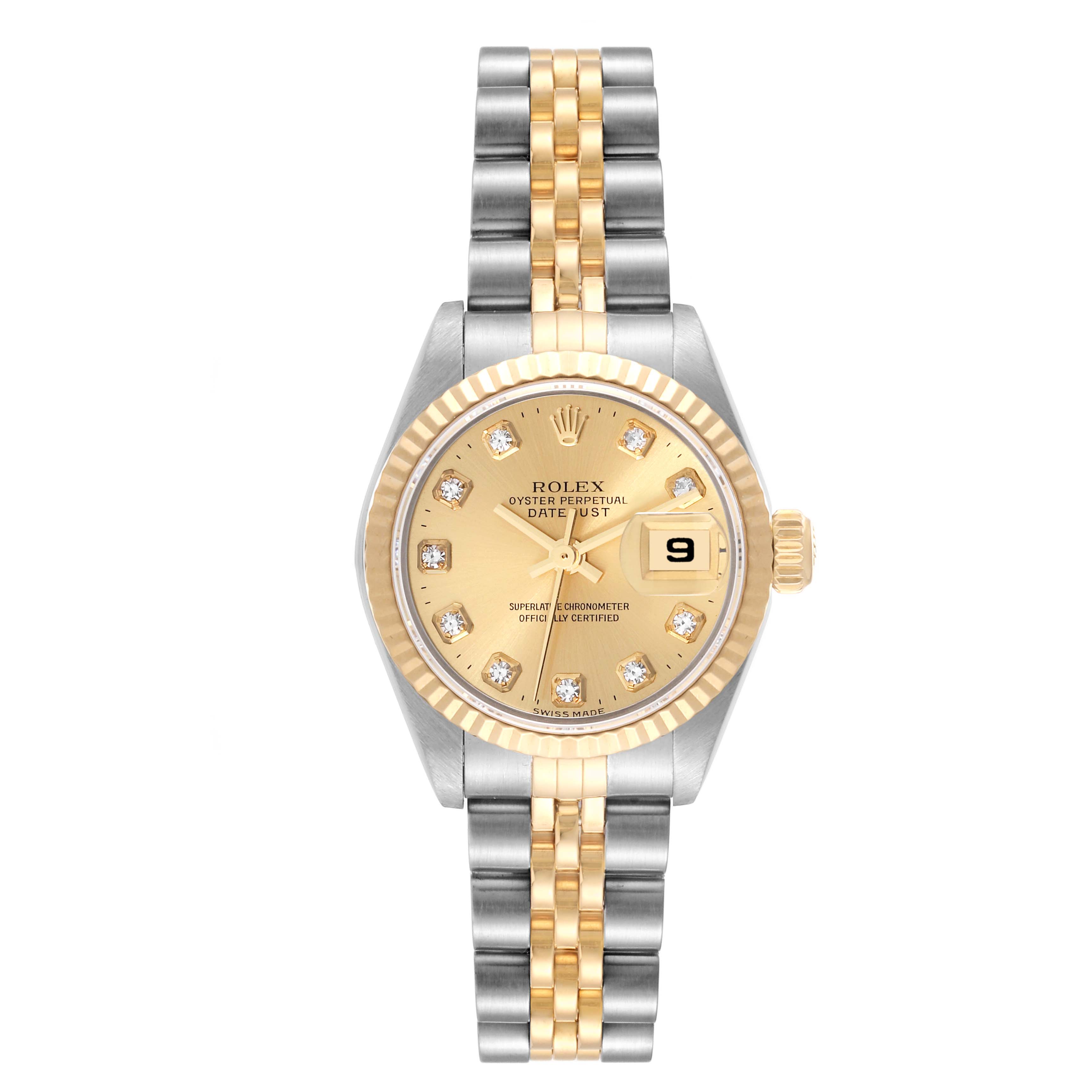 The image shows a front view of a Rolex Datejust 79173G Women's Steel and Gold (two tone) Champagne Dial 79173G Women's Steel and Gold (two tone) Champagne Dial watch, highlighting its gold and silver bracelet, diamond hour markers, and date display.