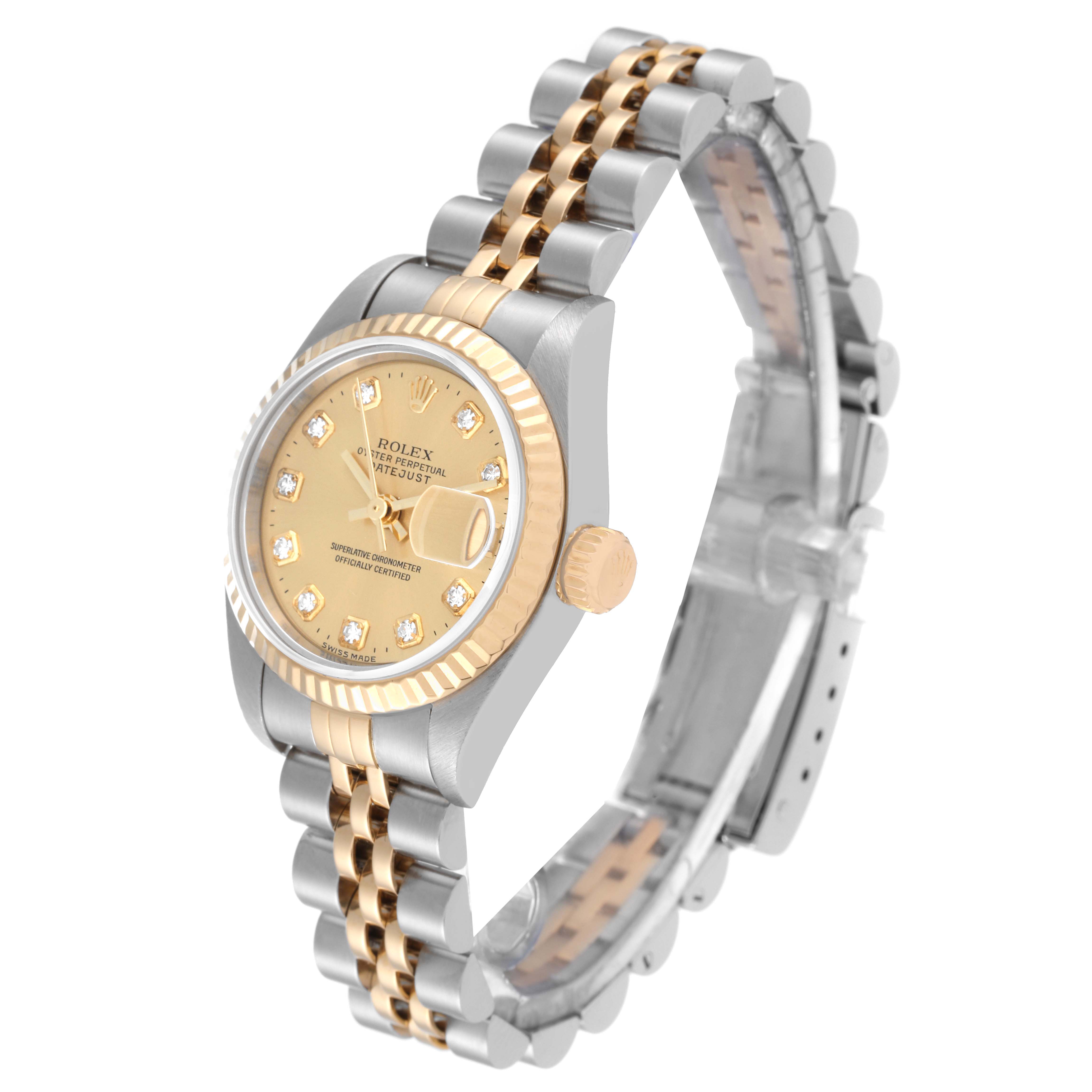The Rolex Datejust 79173G Women's Steel and Gold (two tone) Champagne Dial 79173G Women's Steel and Gold (two tone) Champagne Dial watch is shown at an angle displaying the face, bezel, crown, and two-tone bracelet.