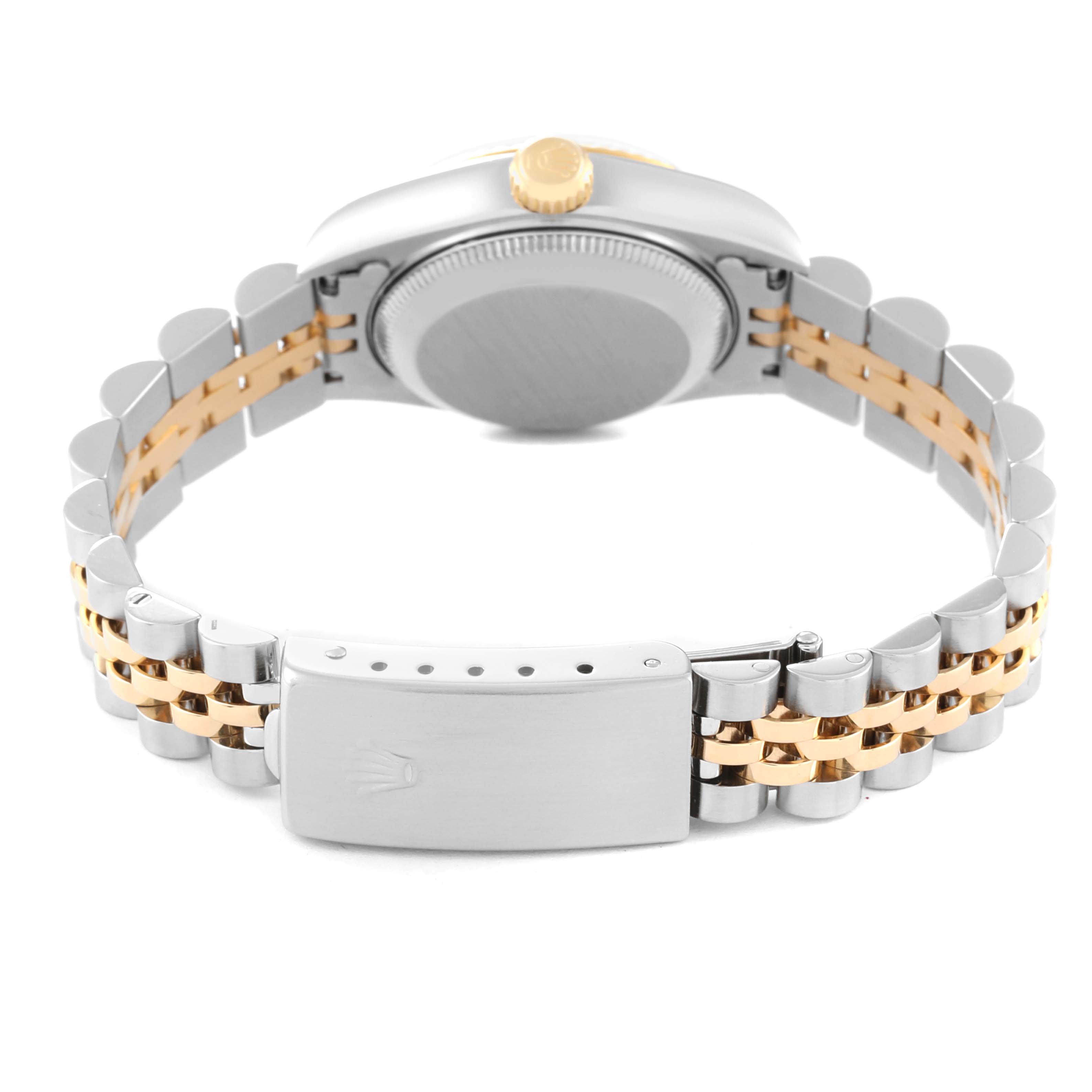 The image shows the back view of a Rolex Datejust 79173G Women's Steel and Gold (two tone) Champagne Dial 79173G Women's Steel and Gold (two tone) Champagne Dial watch, highlighting the case back, crown, and two-tone bracelet clasp.