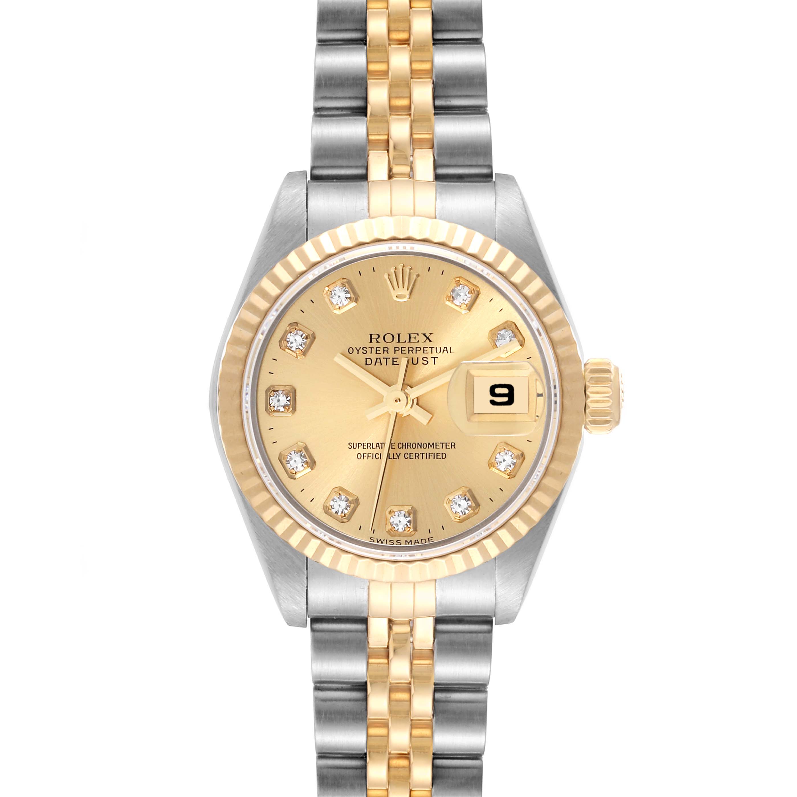 This image shows a Rolex Datejust 79173G Women's Steel and Gold (two tone) Champagne Dial 79173G Women's Steel and Gold (two tone) Champagne Dial watch, featuring a two-tone bracelet, gold dial with diamond hour markers, and a date window at 3 o'clock.