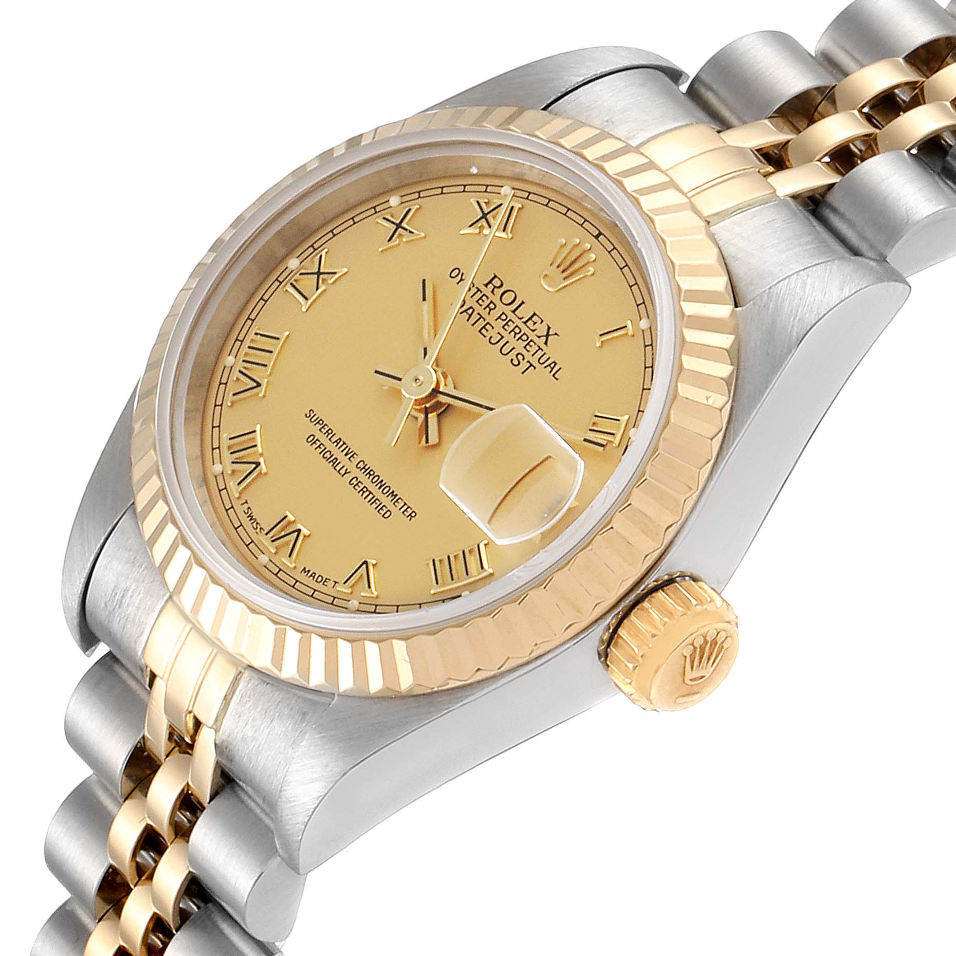 This image shows a close-up angled view of the Rolex Datejust 69173 Women
s Steel and Gold (two tone) Champagne Dial 69173 Women
s Steel and Gold (two tone) Champagne Dial watch, focusing on the face, bezel, crown, and part of the bracelet.